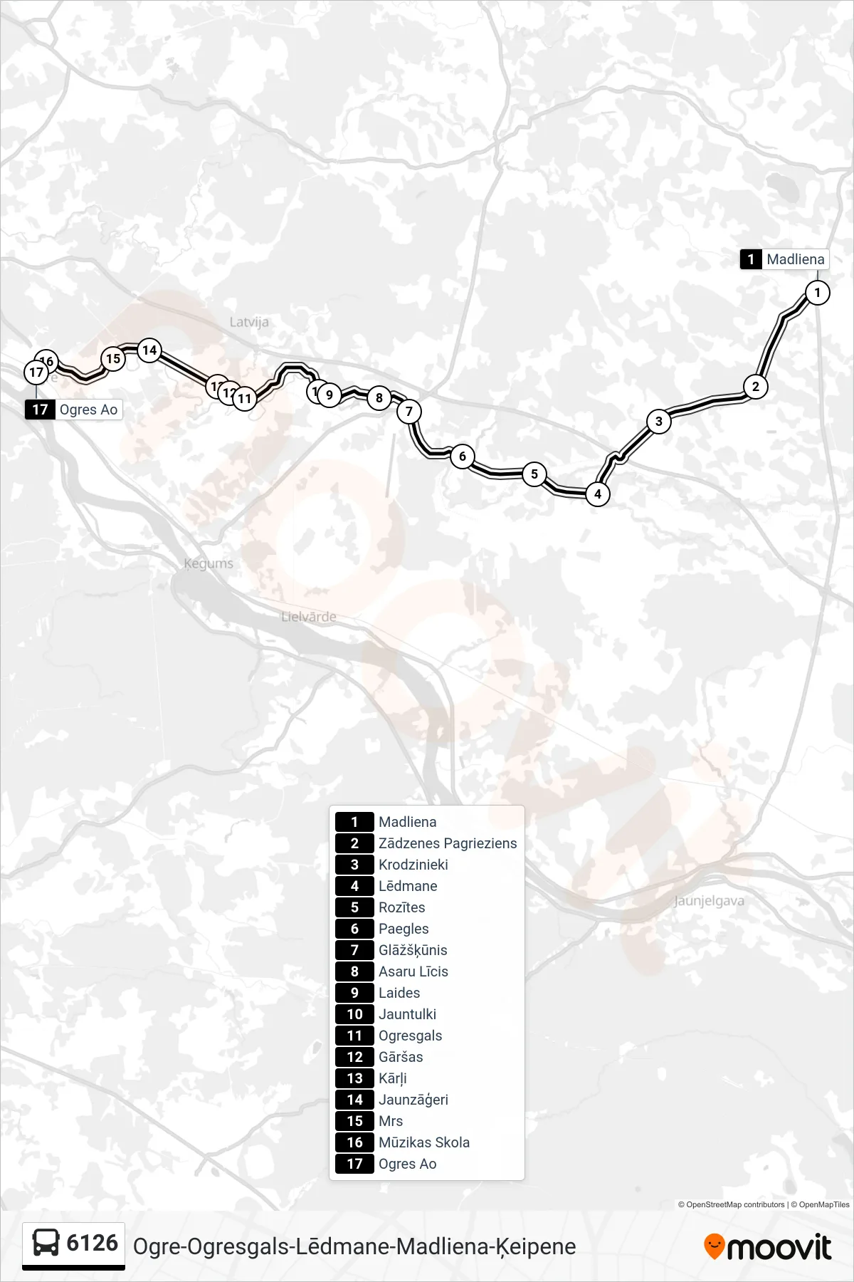 6126 bus Line (Ogres Ao) route and stops on a map