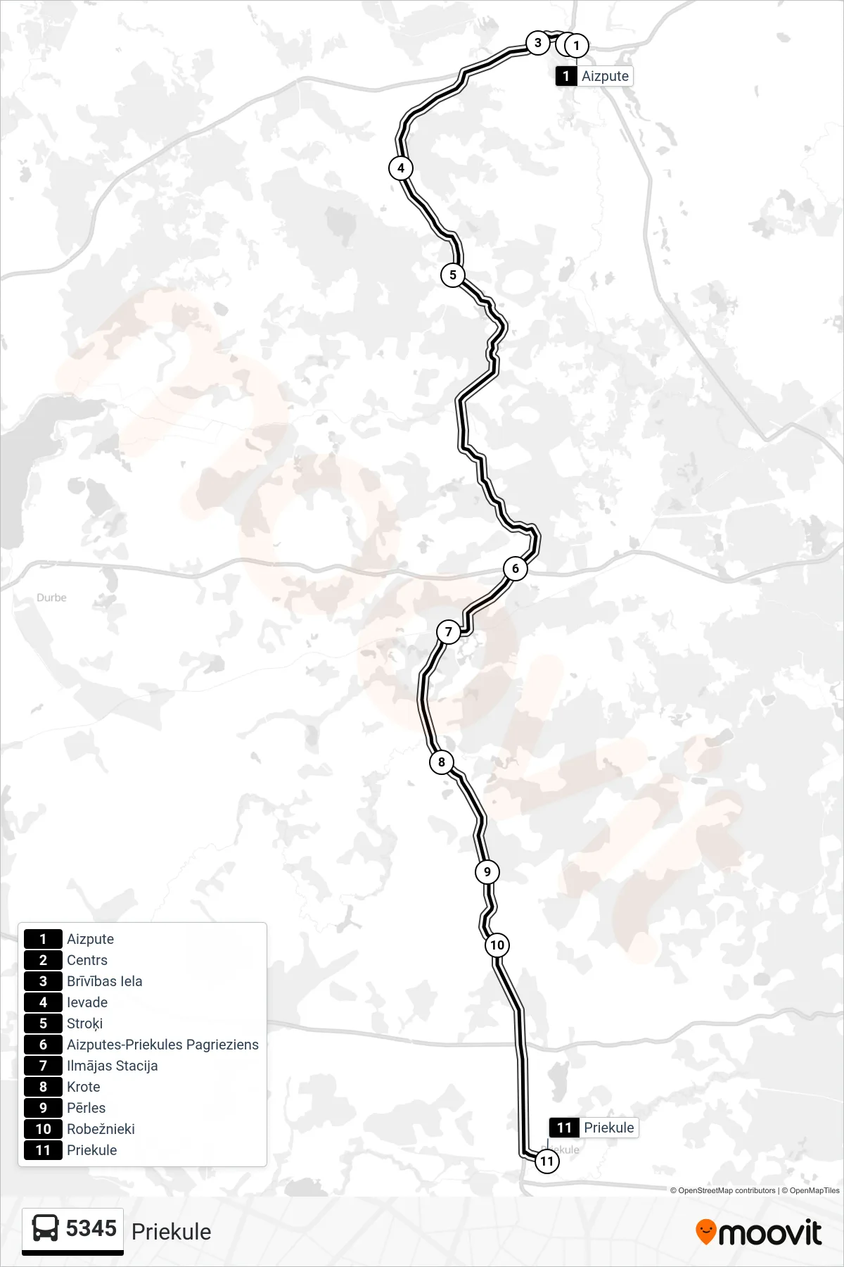 5345 bus Line (Priekule) route and stops on a map
