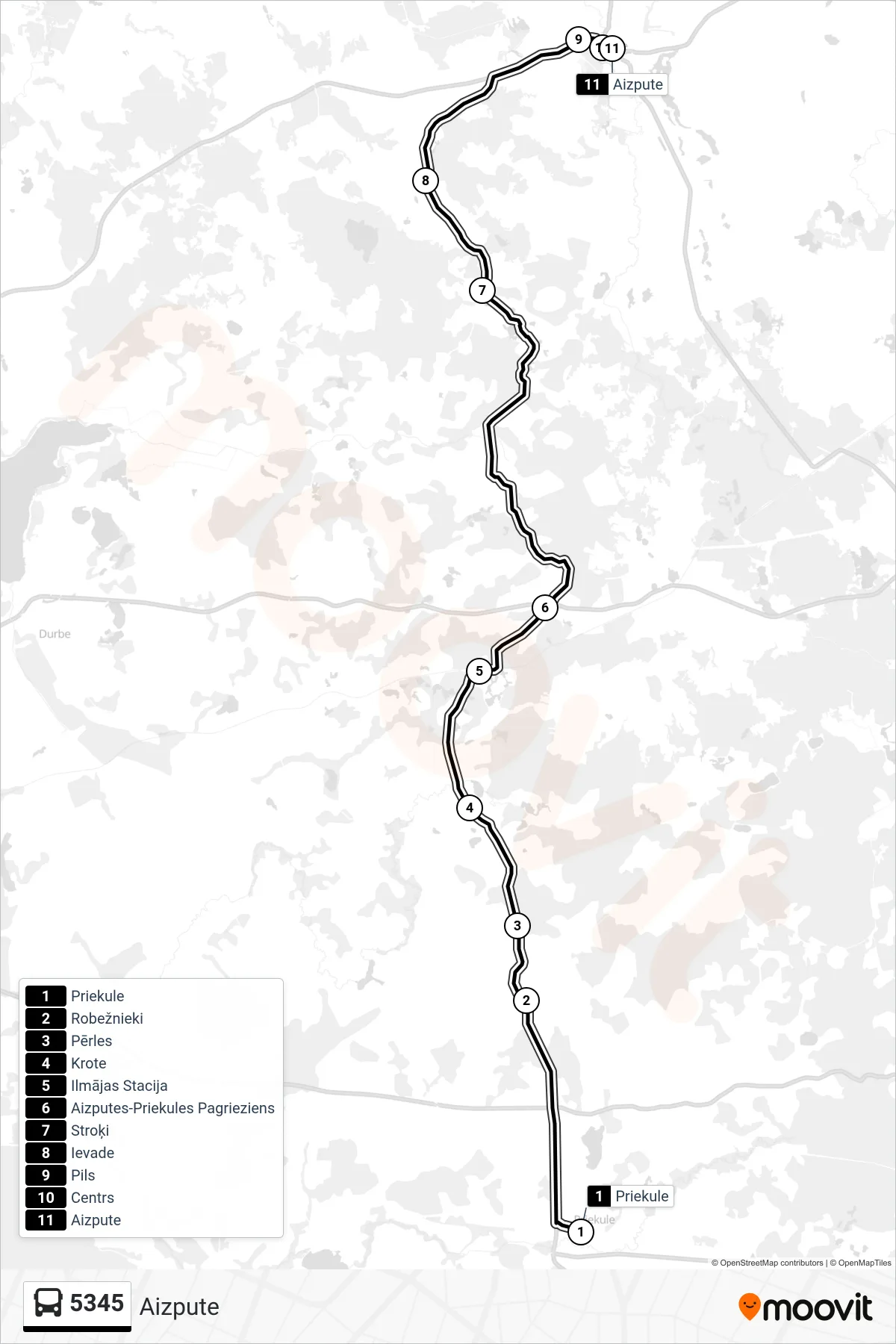 5345 bus Line (Aizpute) route and stops on a map