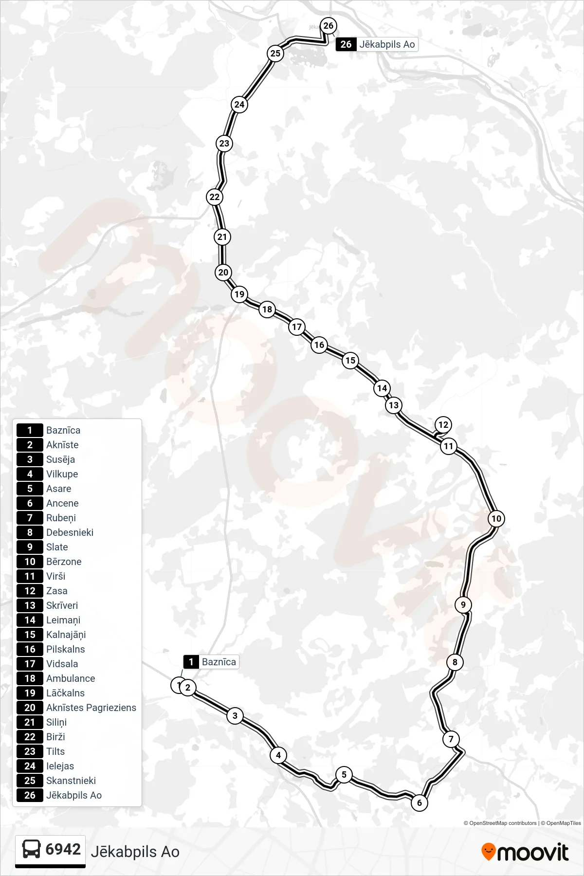 6942 bus Line (Jēkabpils Ao) route and stops on a map