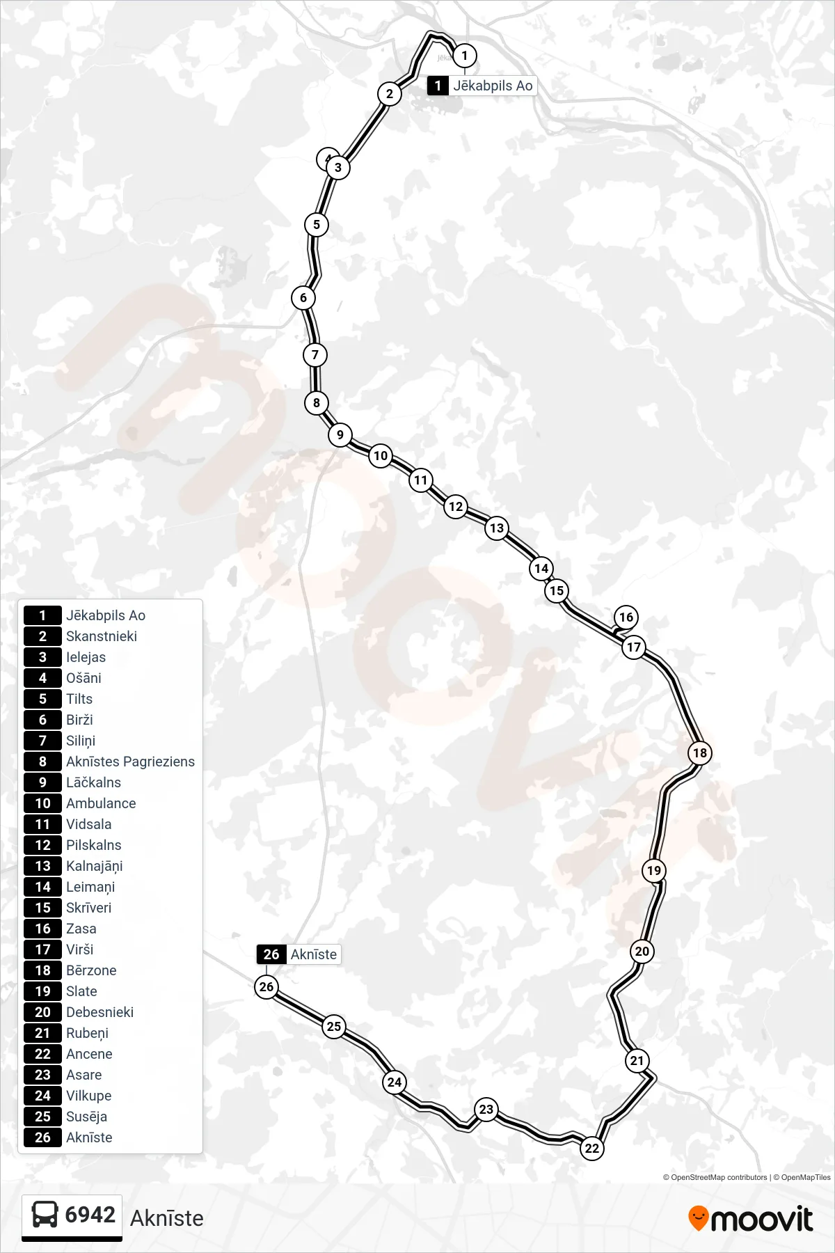6942 bus Line (Aknīste) route and stops on a map