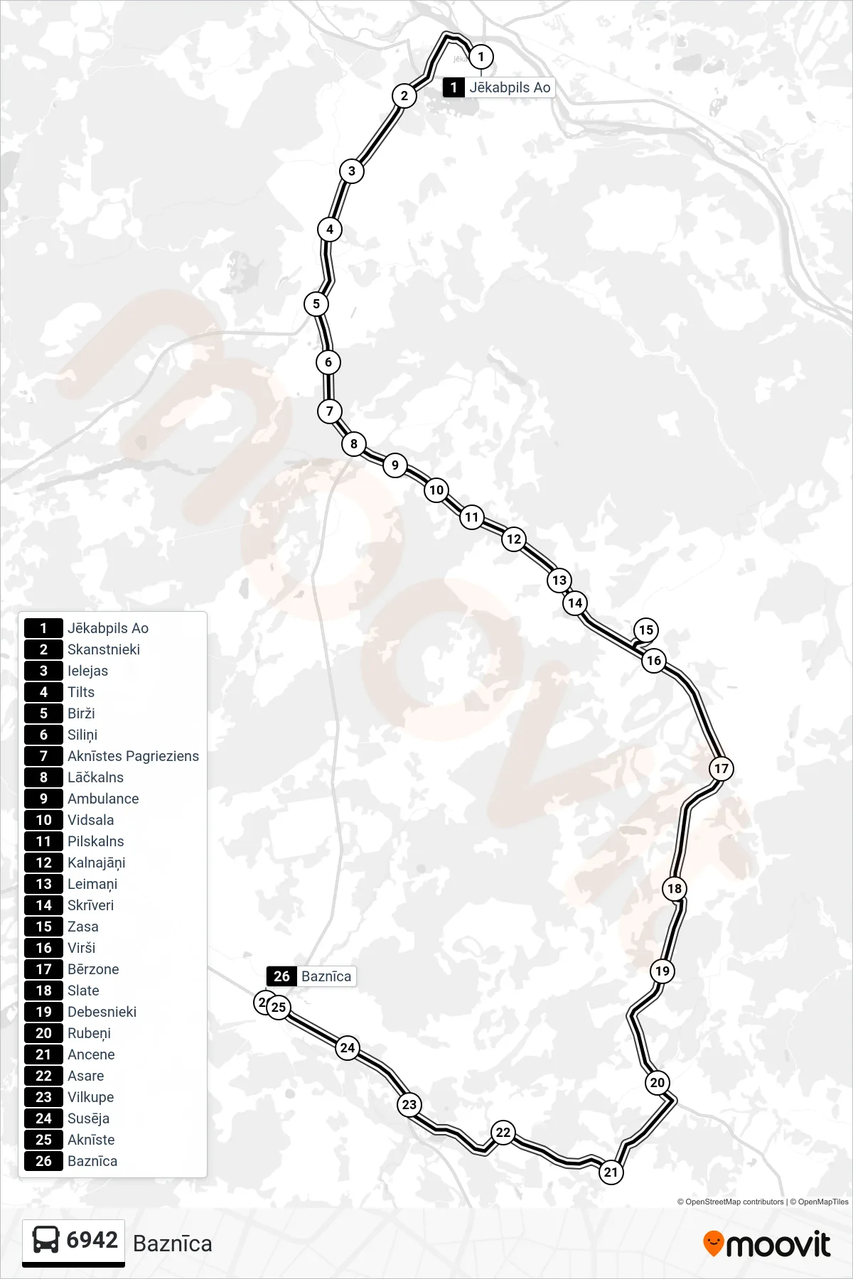 6942 bus Line (Baznīca) route and stops on a map