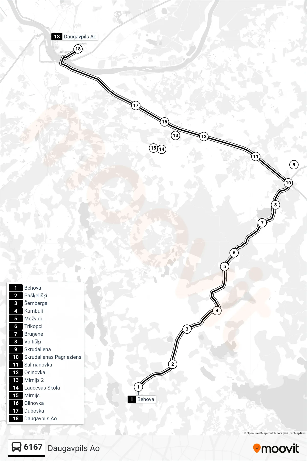 6167 bus Line (Daugavpils Ao) route and stops on a map