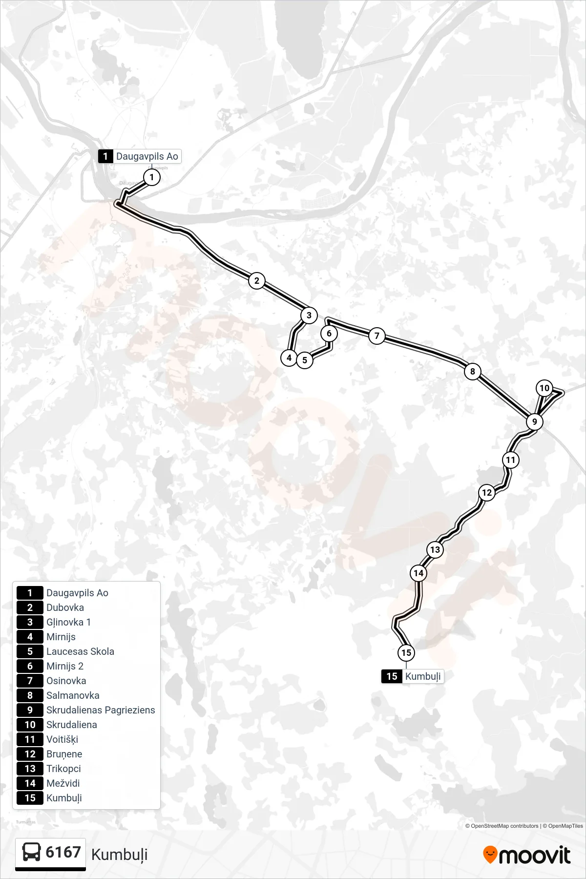 6167 bus Line (Kumbuļi) route and stops on a map