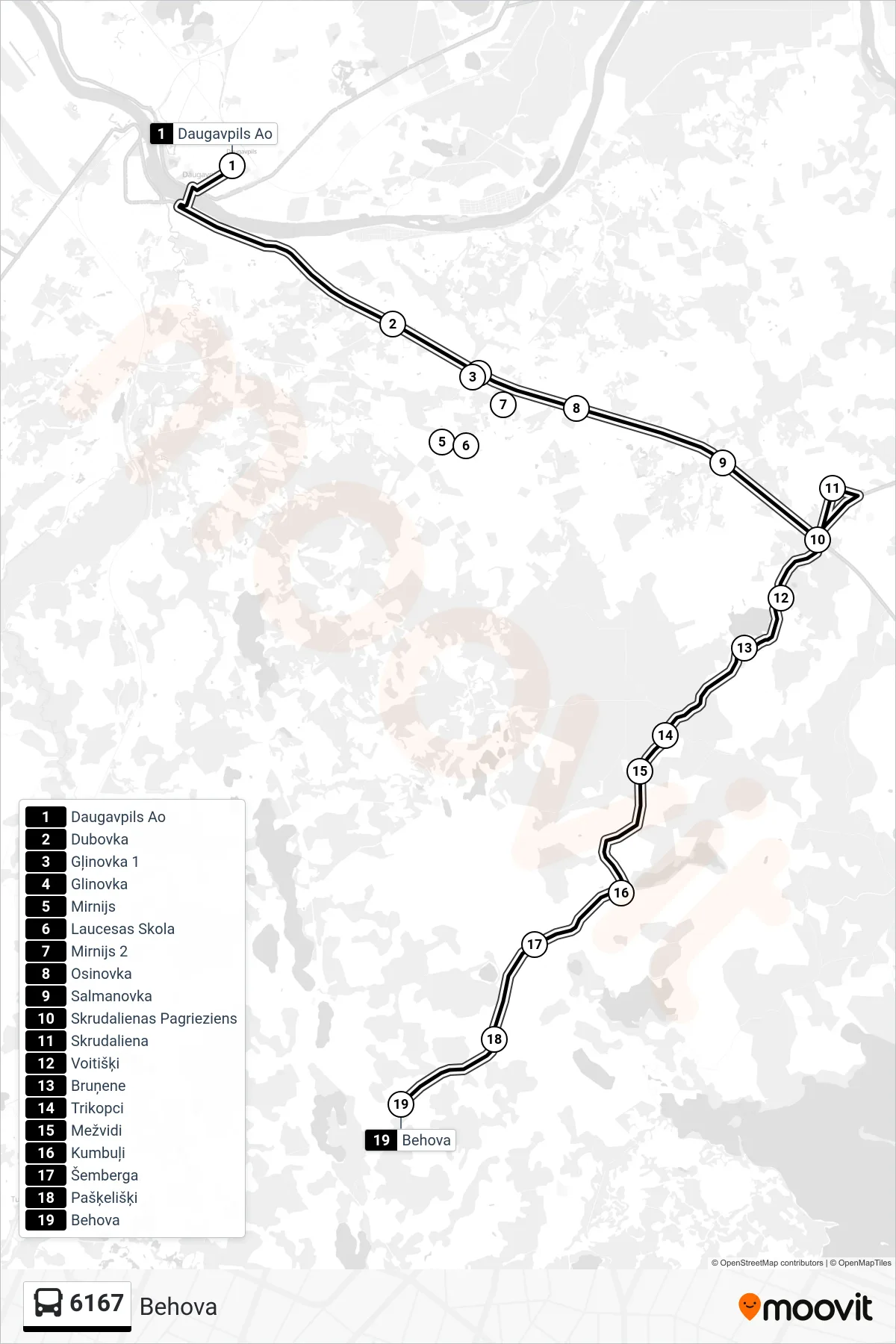 6167 bus Line (Behova) route and stops on a map