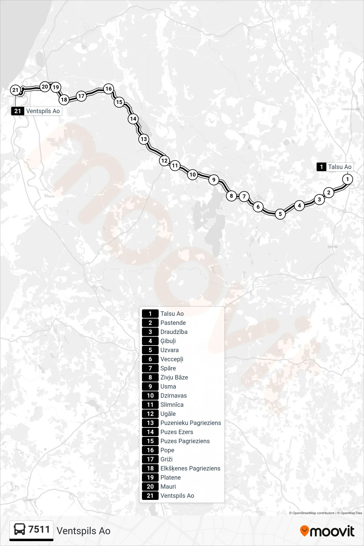 7511 bus Line (Ventspils Ao) route and stops on a map