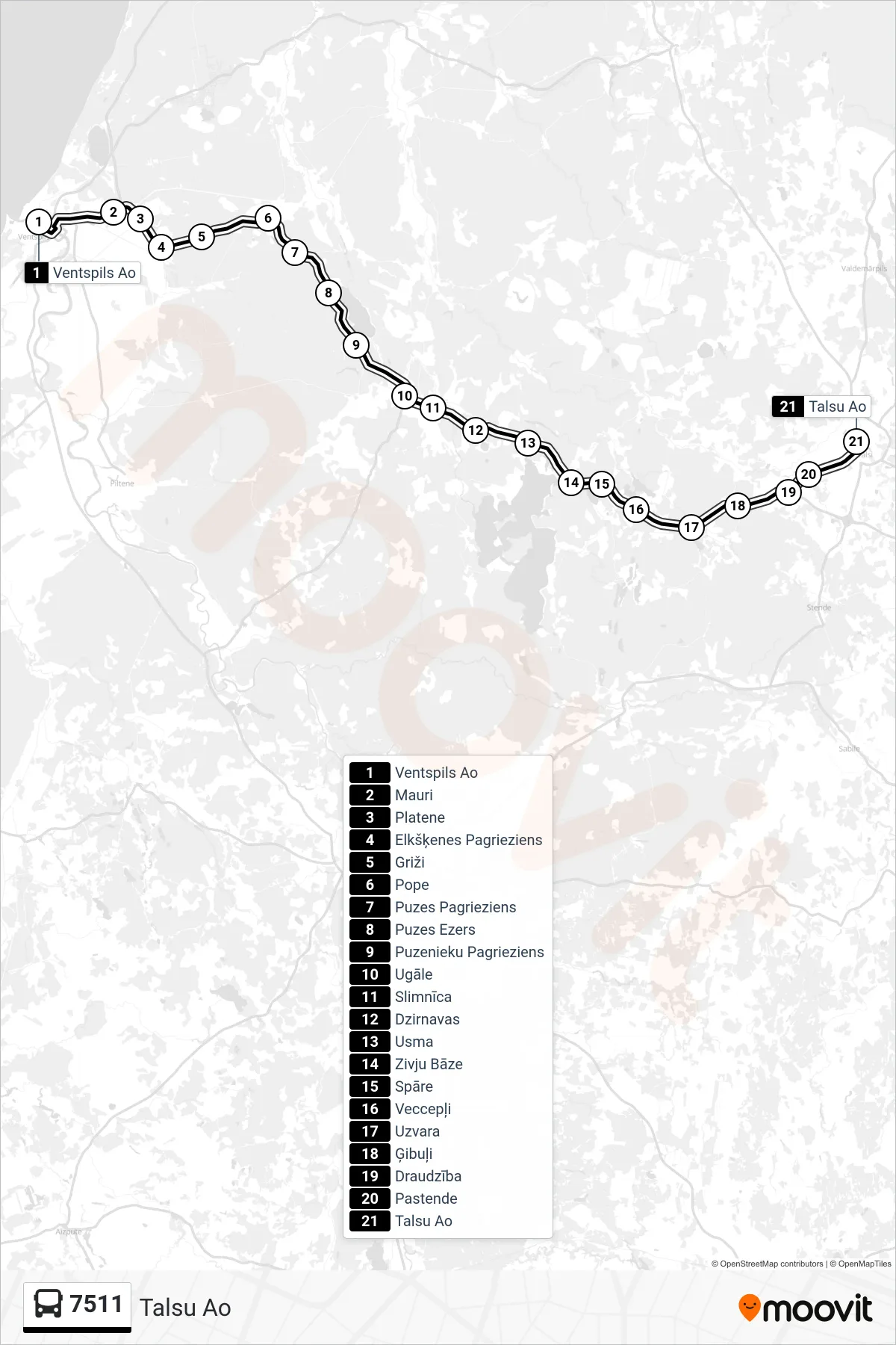 7511 bus Line (Talsu Ao) route and stops on a map
