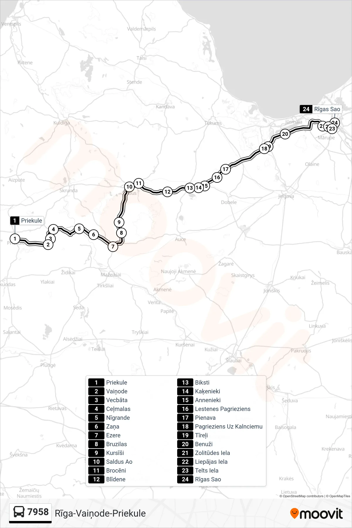 7958 bus Line (Rīgas Sao) route and stops on a map