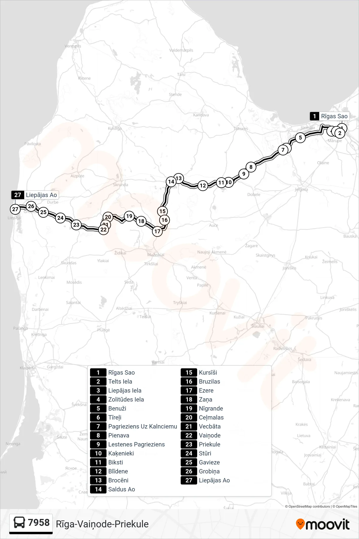 7958 bus Line (Liepājas Ao) route and stops on a map