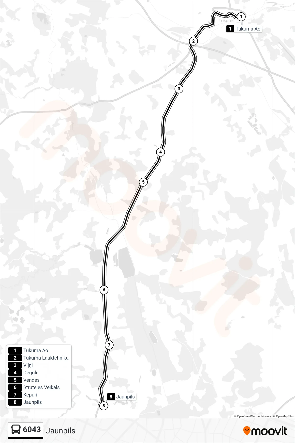 6043 bus Line (Jaunpils) route and stops on a map