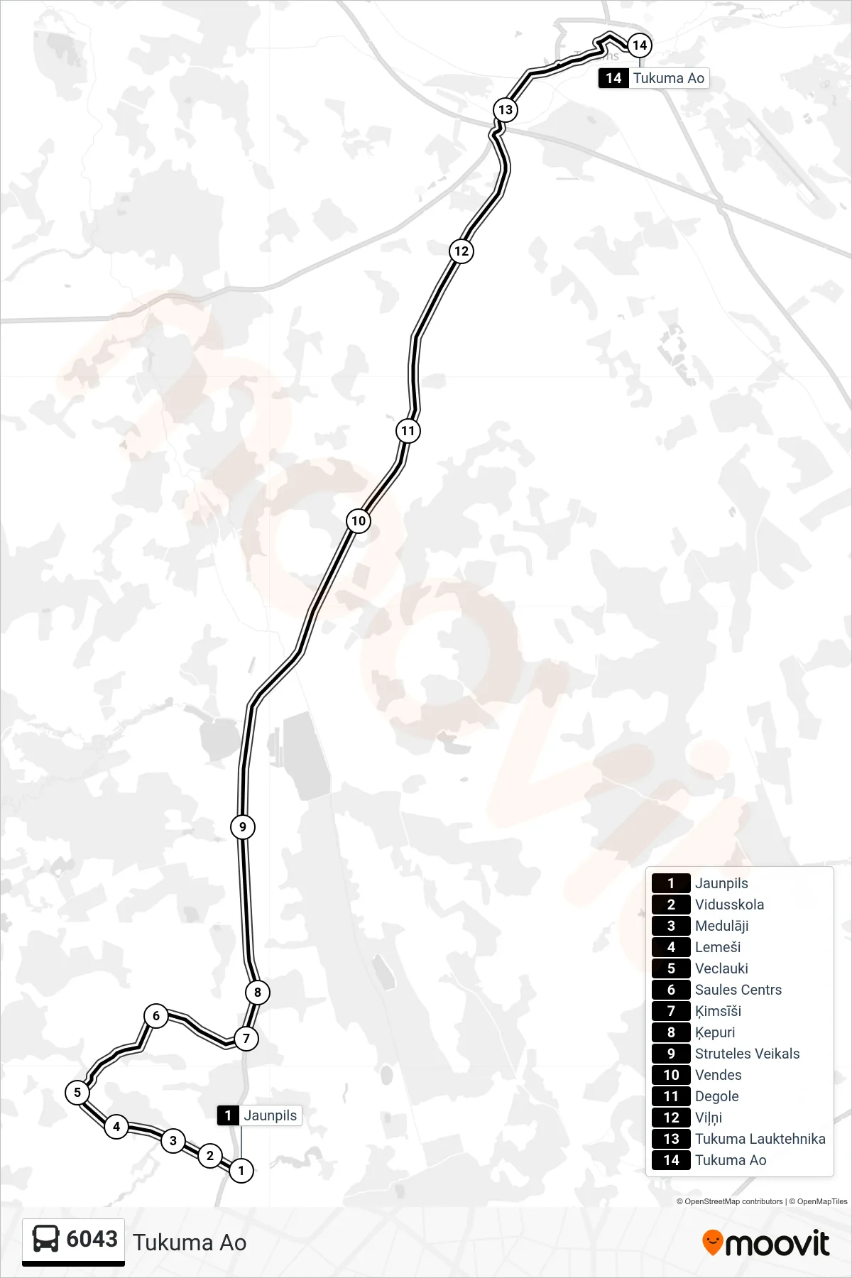 6043 bus Line (Tukuma Ao) route and stops on a map