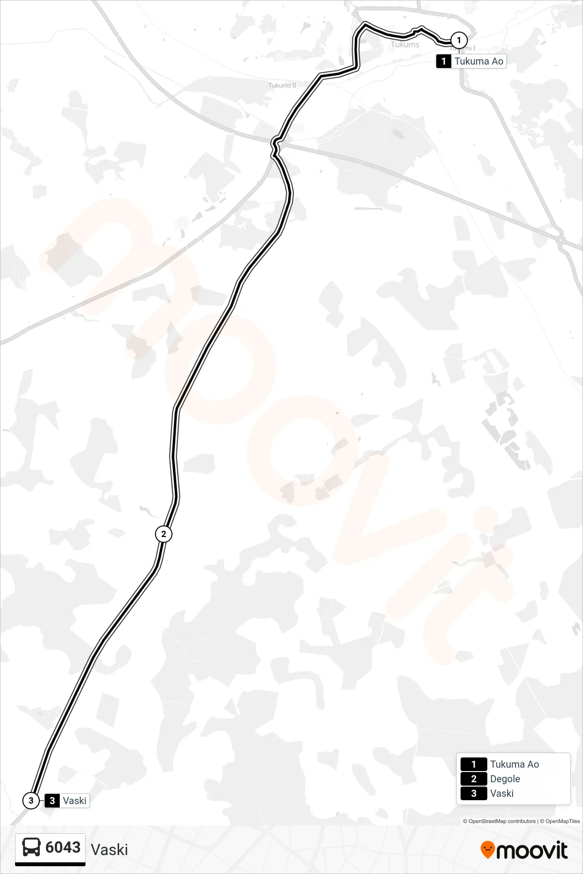 6043 bus Line (Vaski) route and stops on a map