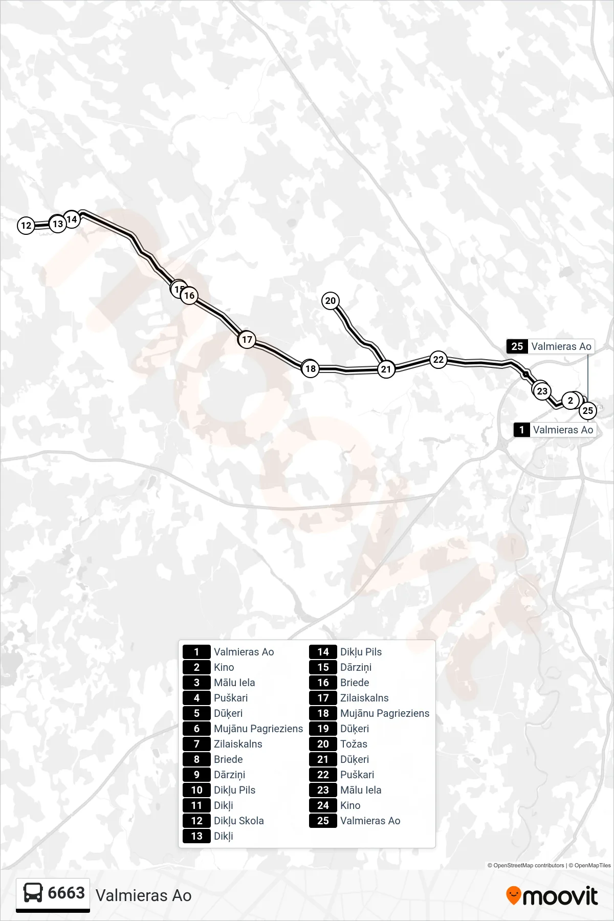 6663 bus Line (Valmieras Ao) route and stops on a map
