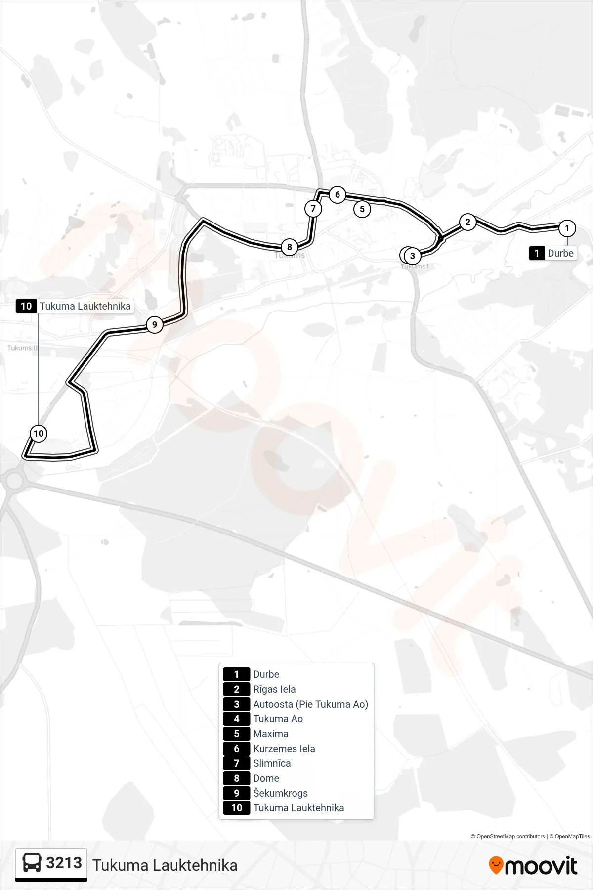 3213 bus Line (Tukuma Lauktehnika) route and stops on a map