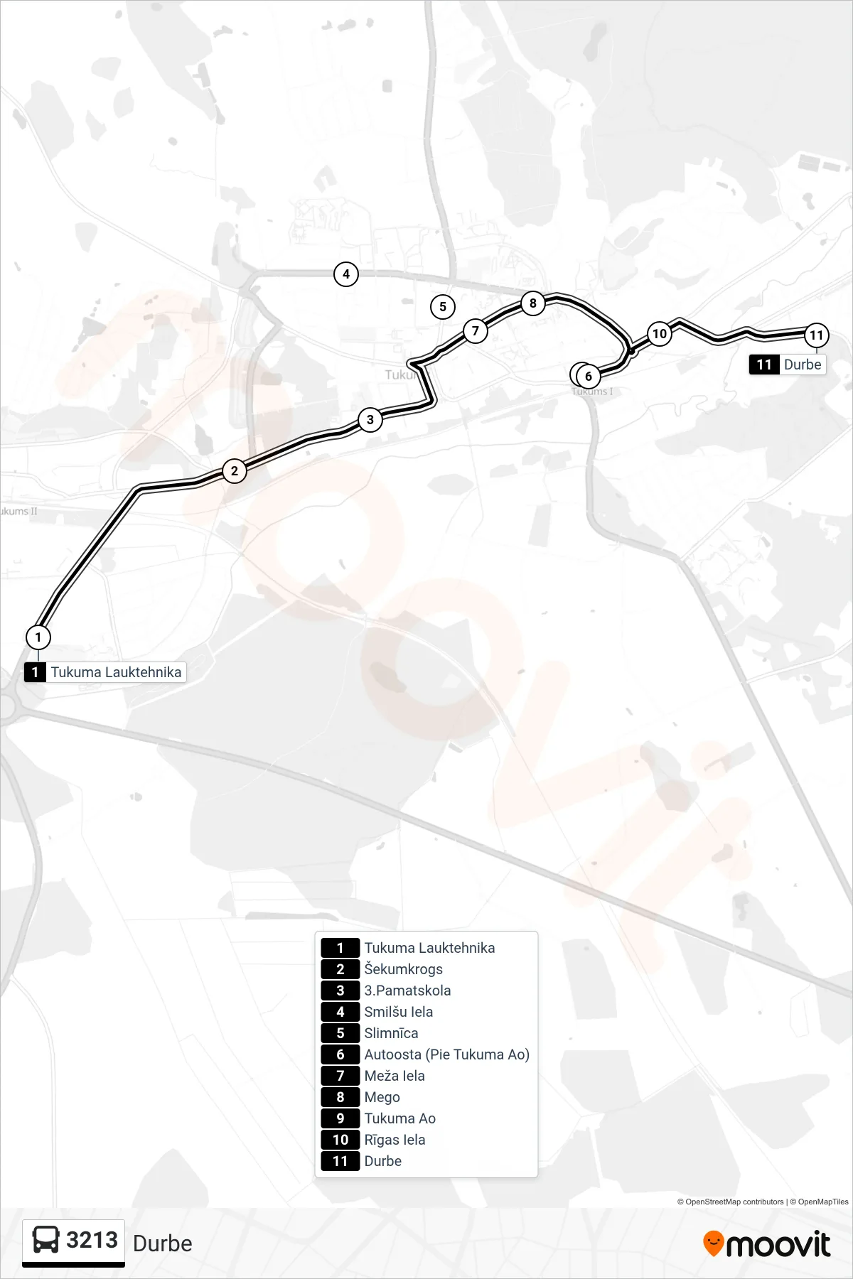 3213 bus Line (Durbe) route and stops on a map