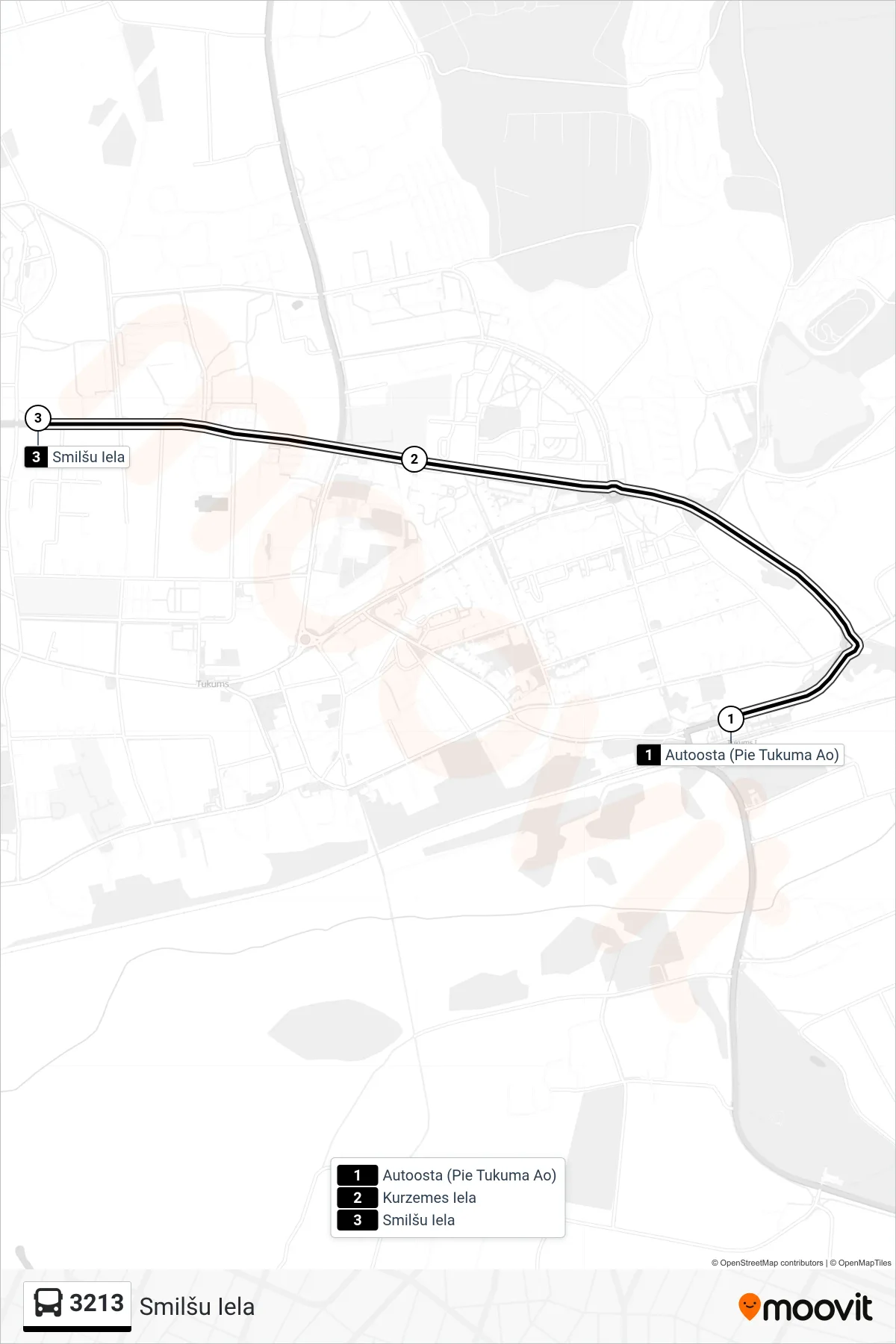 3213 bus Line (Smilšu Iela) route and stops on a map
