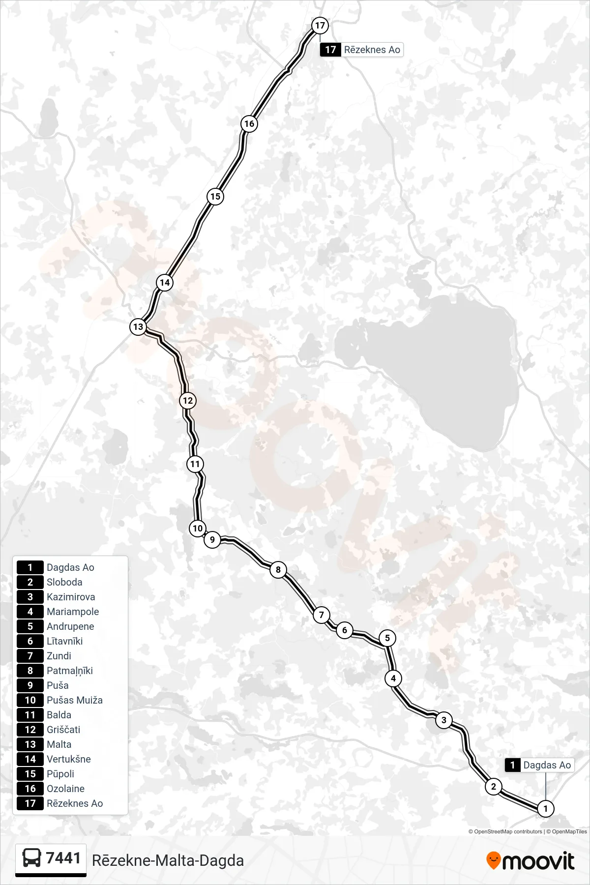7441 bus Line (Rēzeknes Ao) route and stops on a map