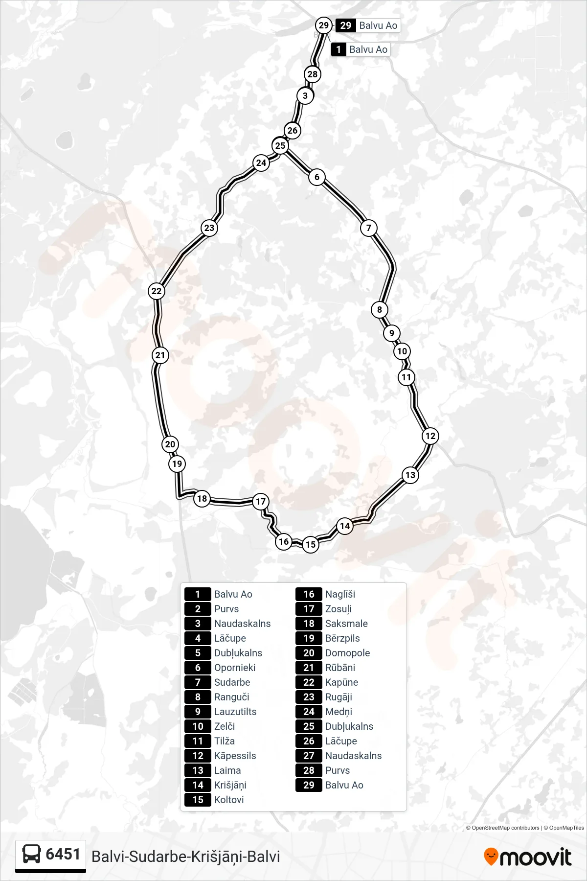 6451 bus Line (Balvu Ao) route and stops on a map