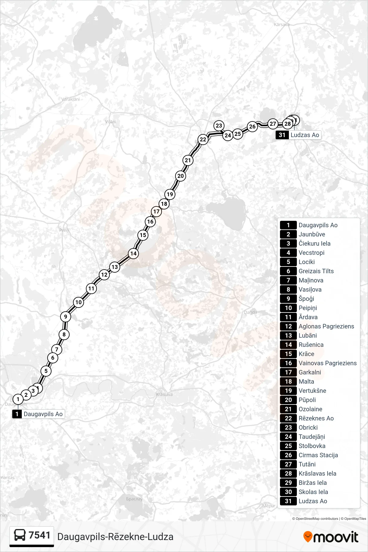 7541 bus Line (Ludzas Ao) route and stops on a map