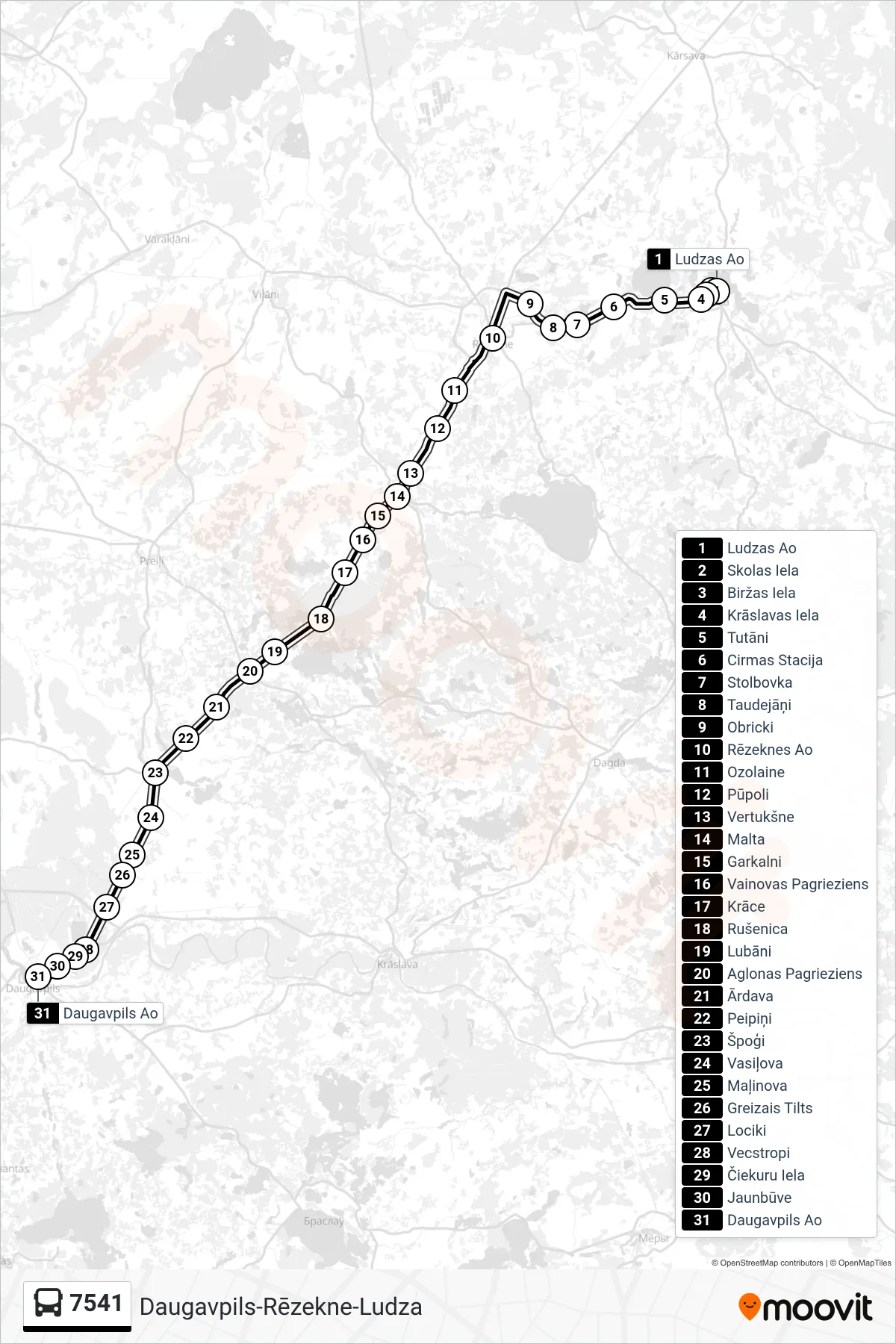 7541 bus Line (Daugavpils Ao) route and stops on a map