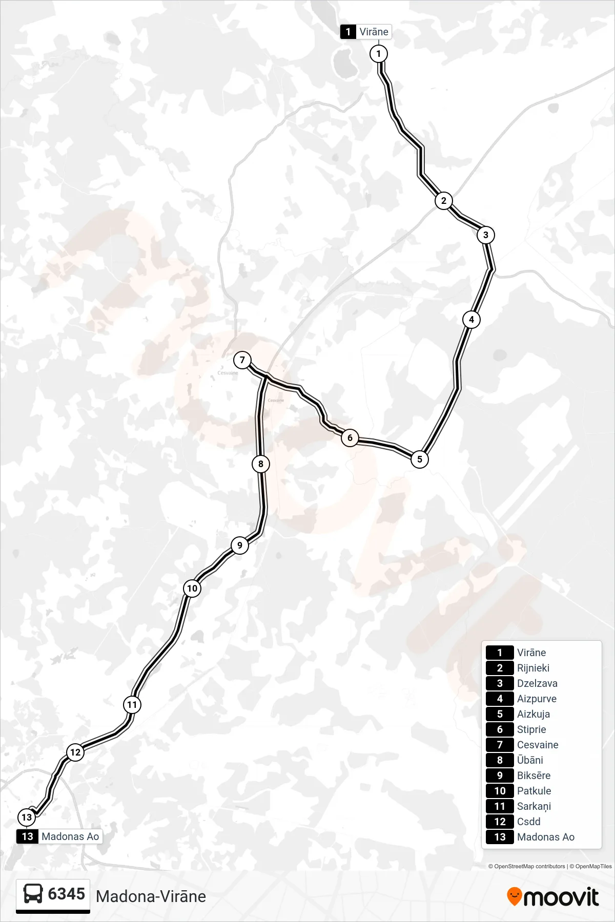 6345 bus Line (Madonas Ao) route and stops on a map