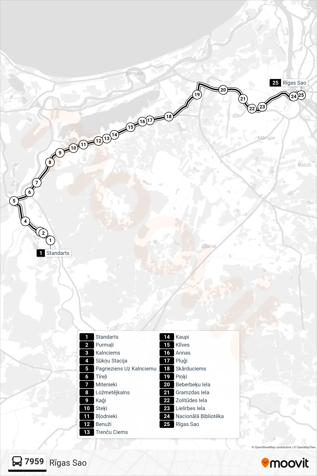 7959 bus Line (Rīgas Sao) route and stops on a map