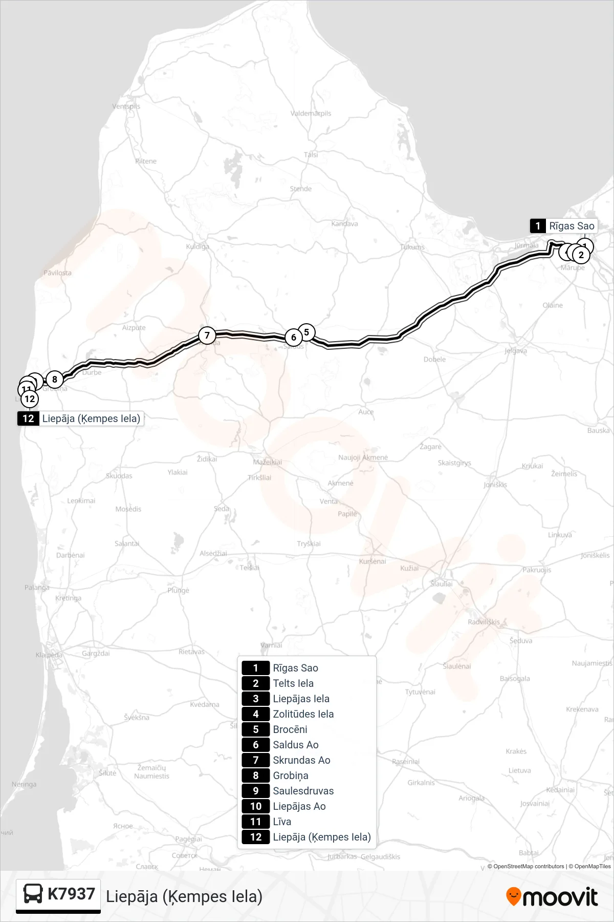 K7937 bus Line (Liepāja (Ķempes Iela)) route and stops on a map