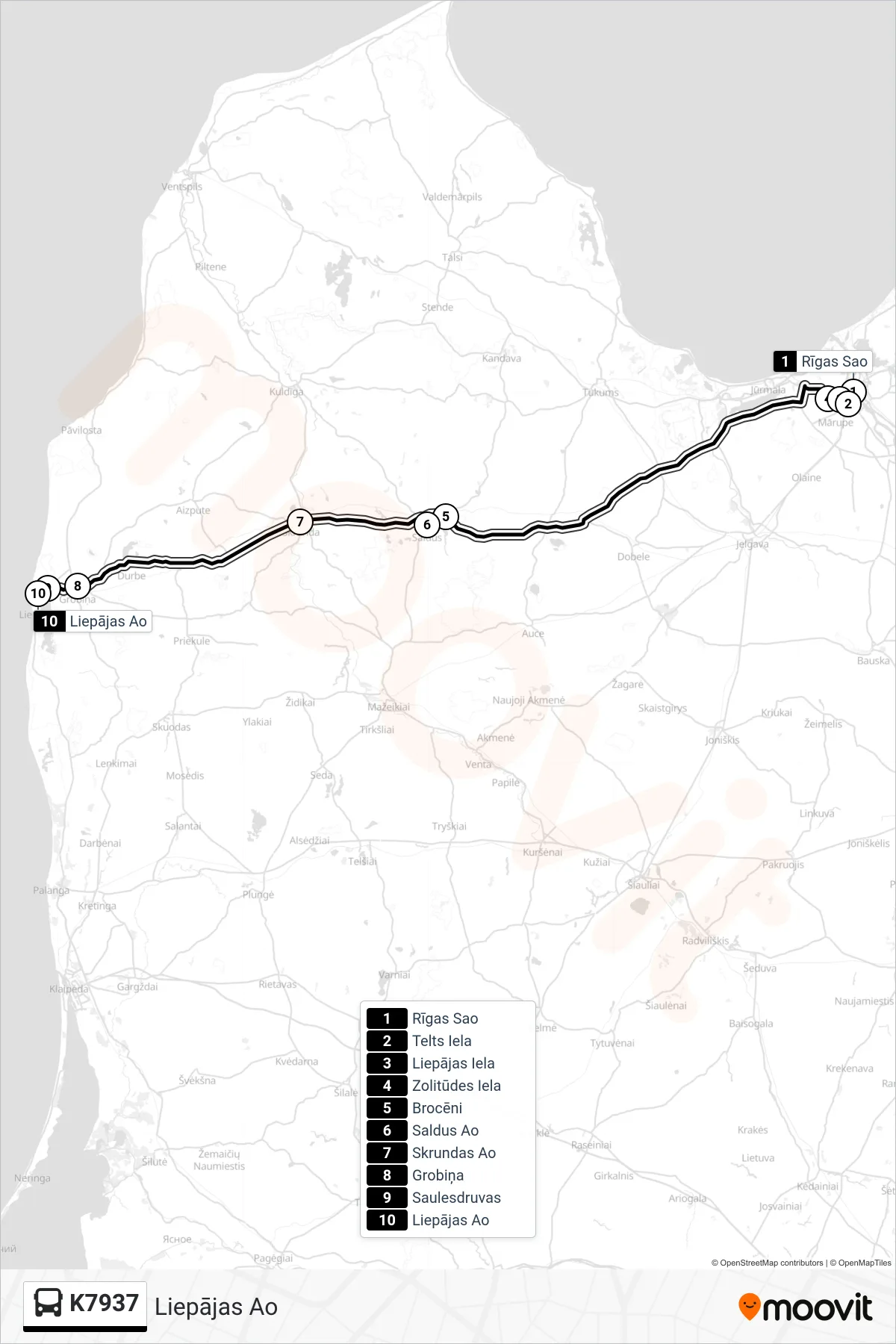 K7937 bus Line (Liepājas Ao) route and stops on a map