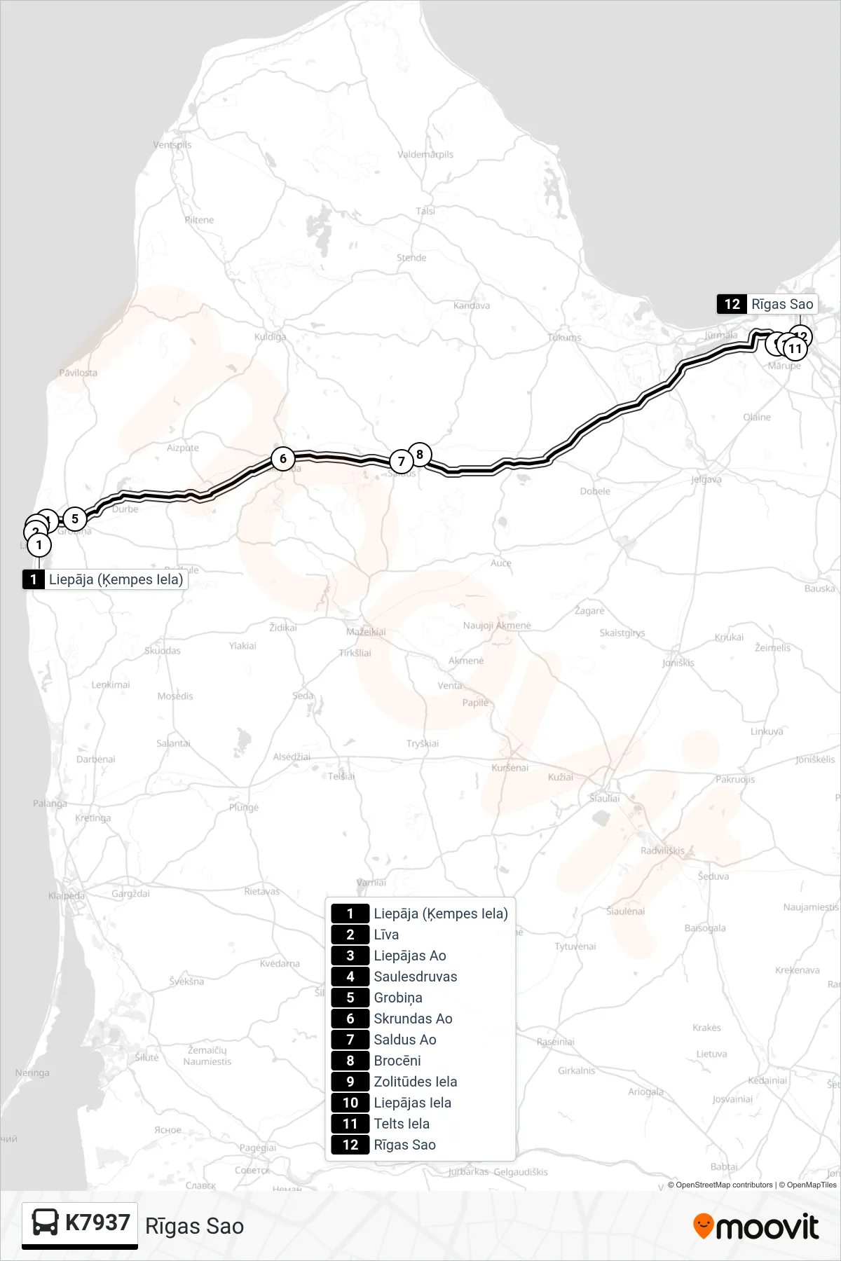 K7937 bus Line (Rīgas Sao) route and stops on a map