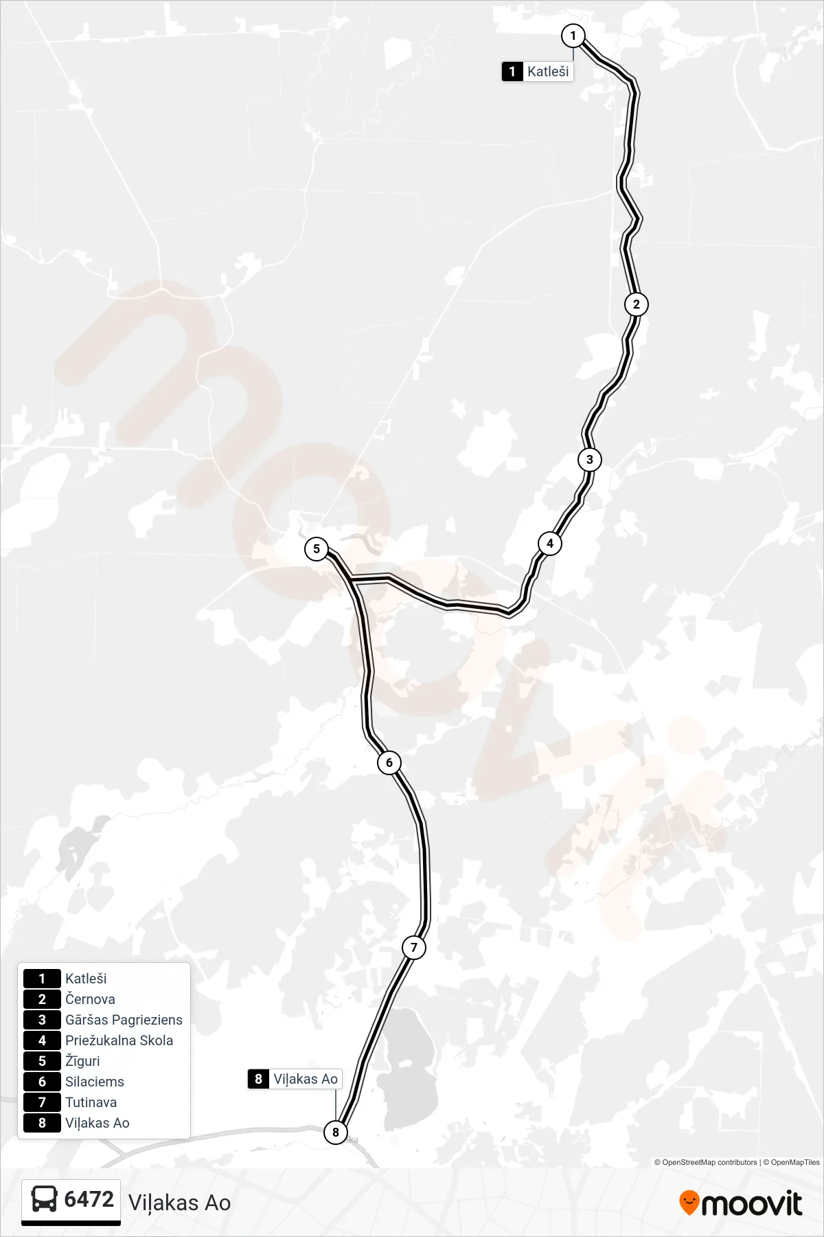 6472 bus Line (Viļakas Ao) route and stops on a map