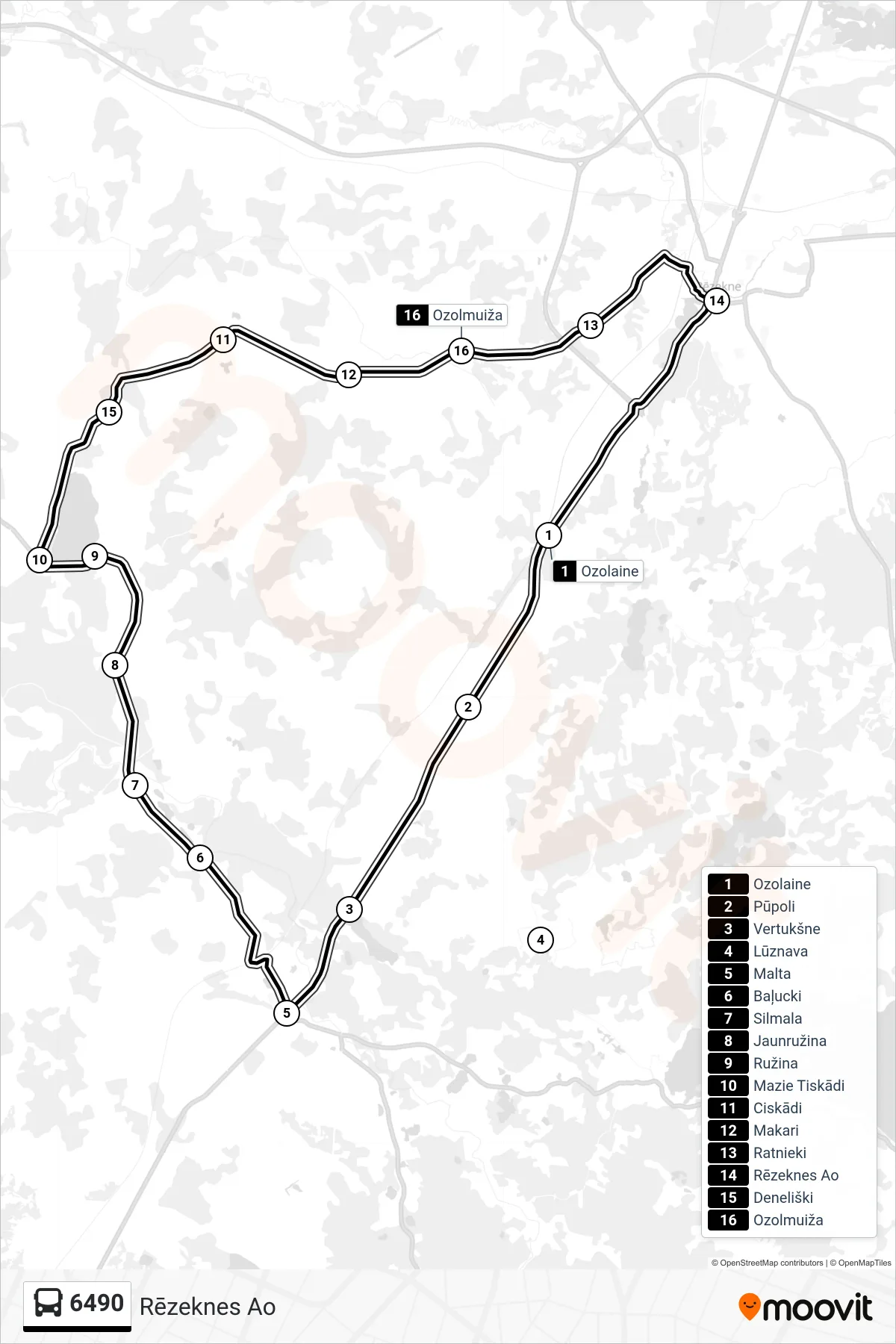 6490 bus Line (Rēzeknes Ao) route and stops on a map