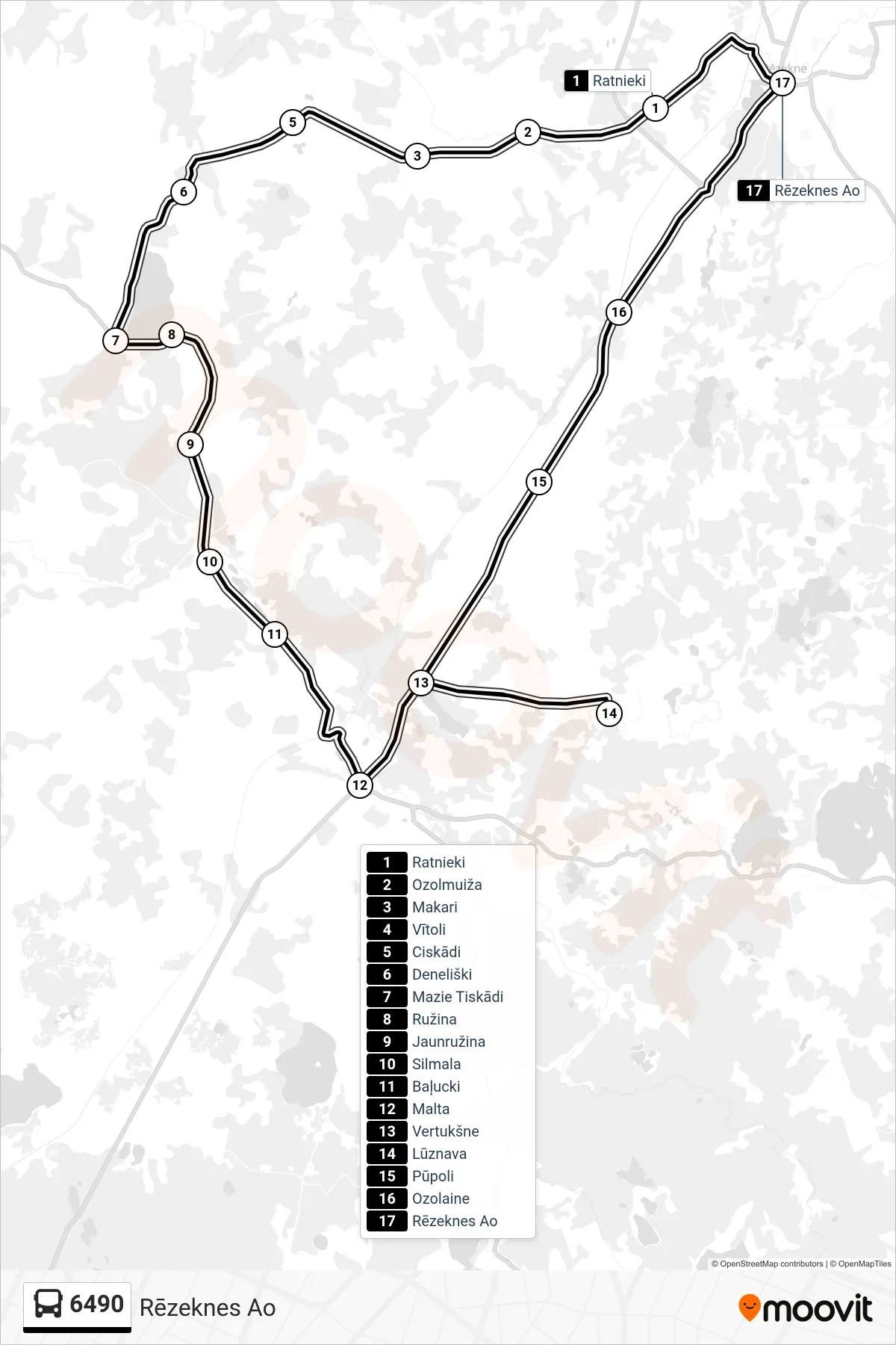 6490 bus Line (Rēzeknes Ao) route and stops on a map