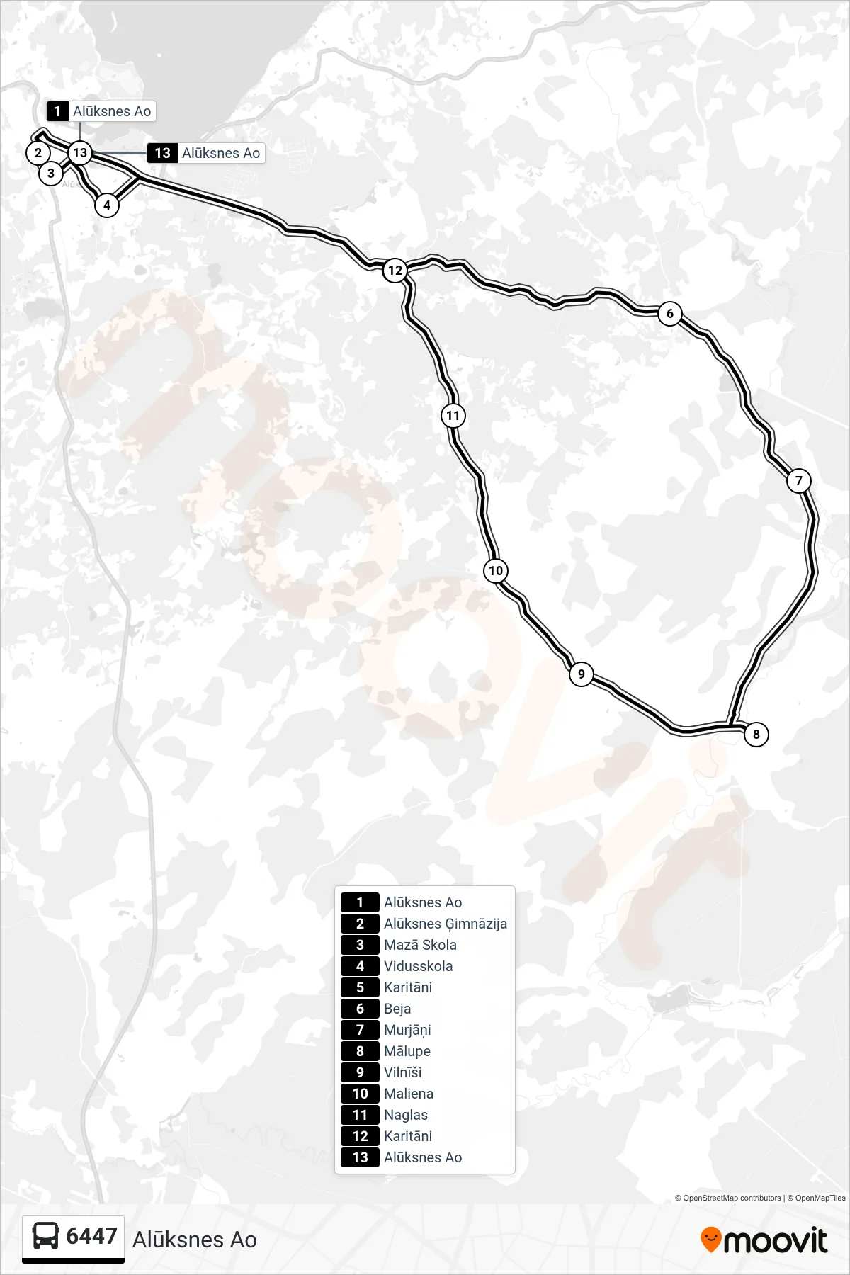 6447 bus Line (Alūksnes Ao) route and stops on a map