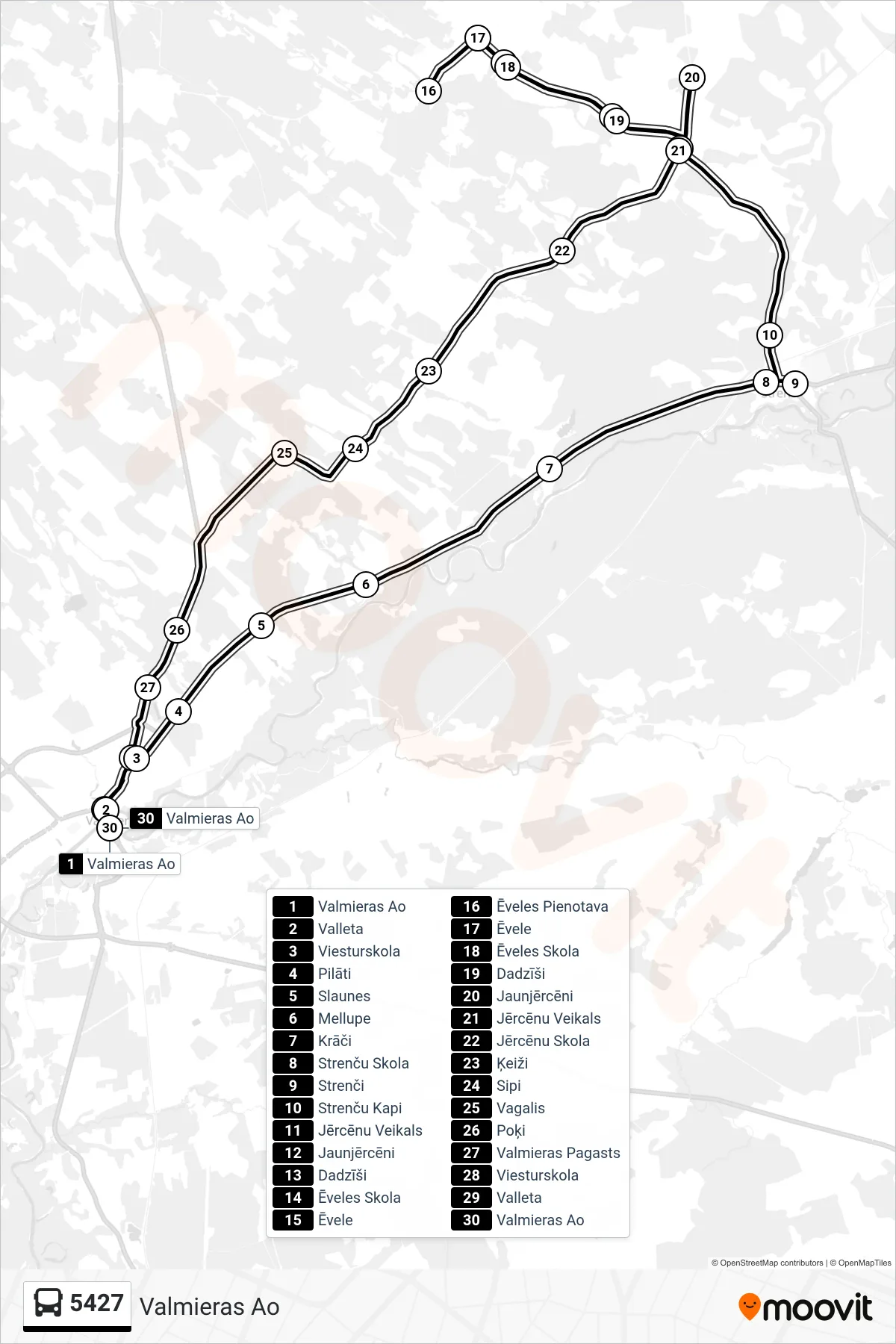 5427 bus Line (Valmieras Ao) route and stops on a map