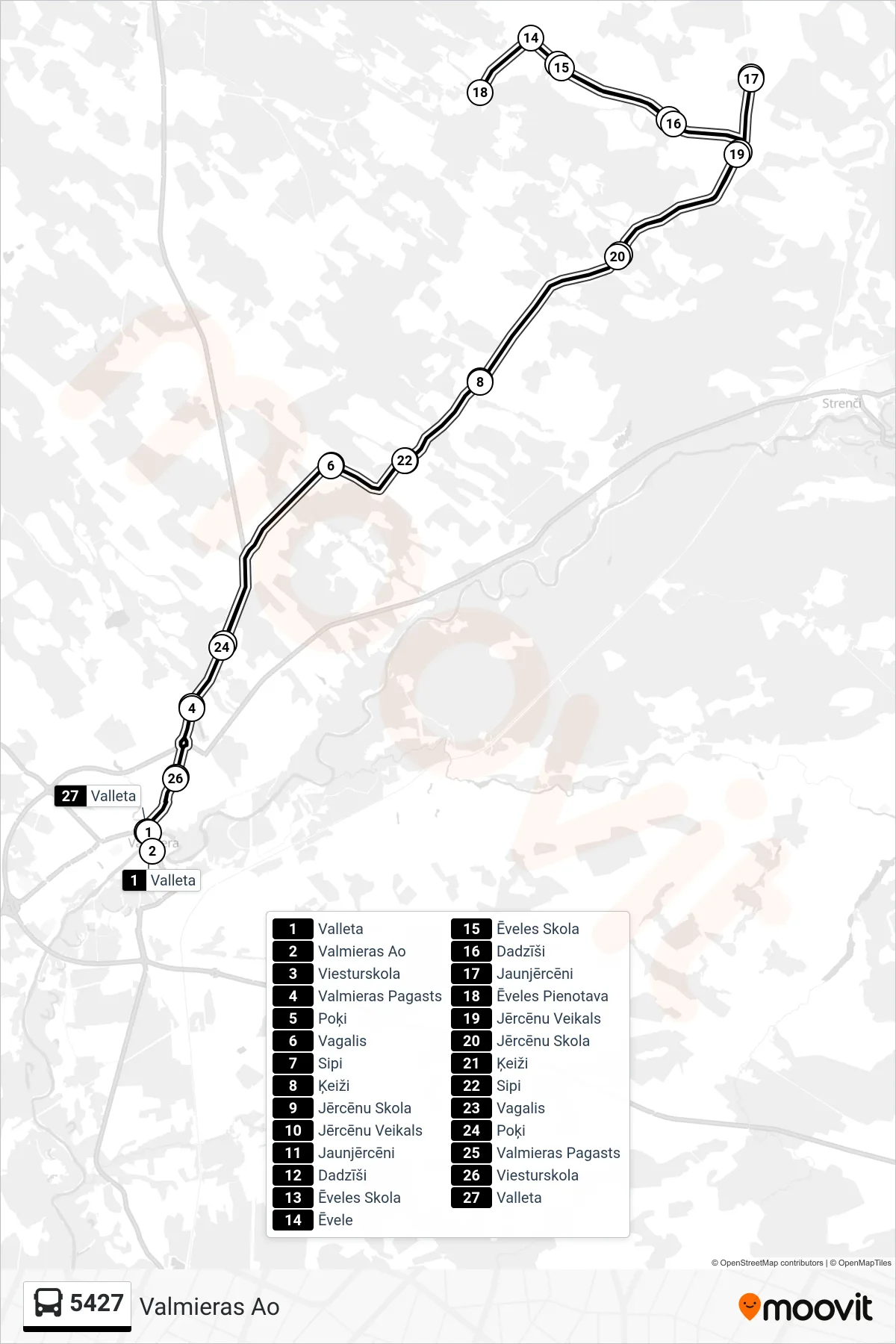5427 bus Line (Valmieras Ao) route and stops on a map
