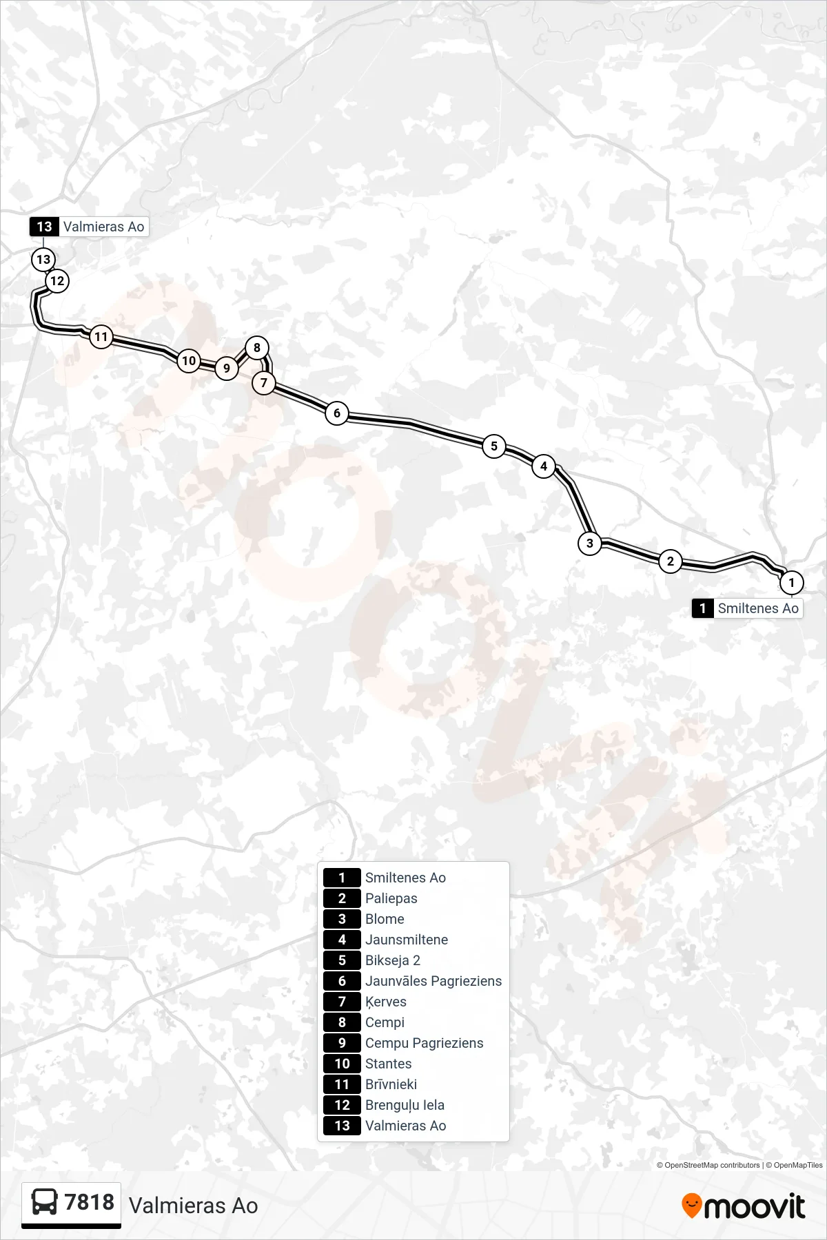 7818 bus Line (Valmieras Ao) route and stops on a map