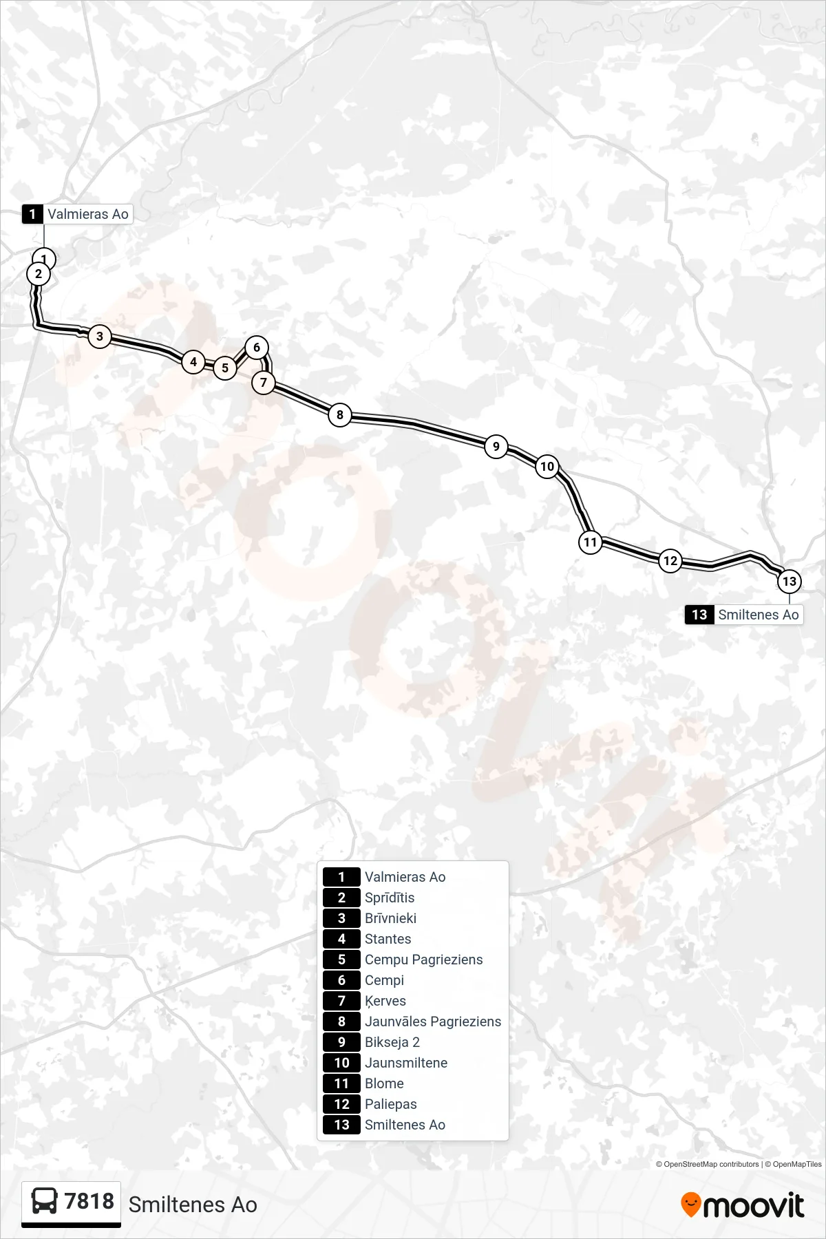 7818 bus Line (Smiltenes Ao) route and stops on a map