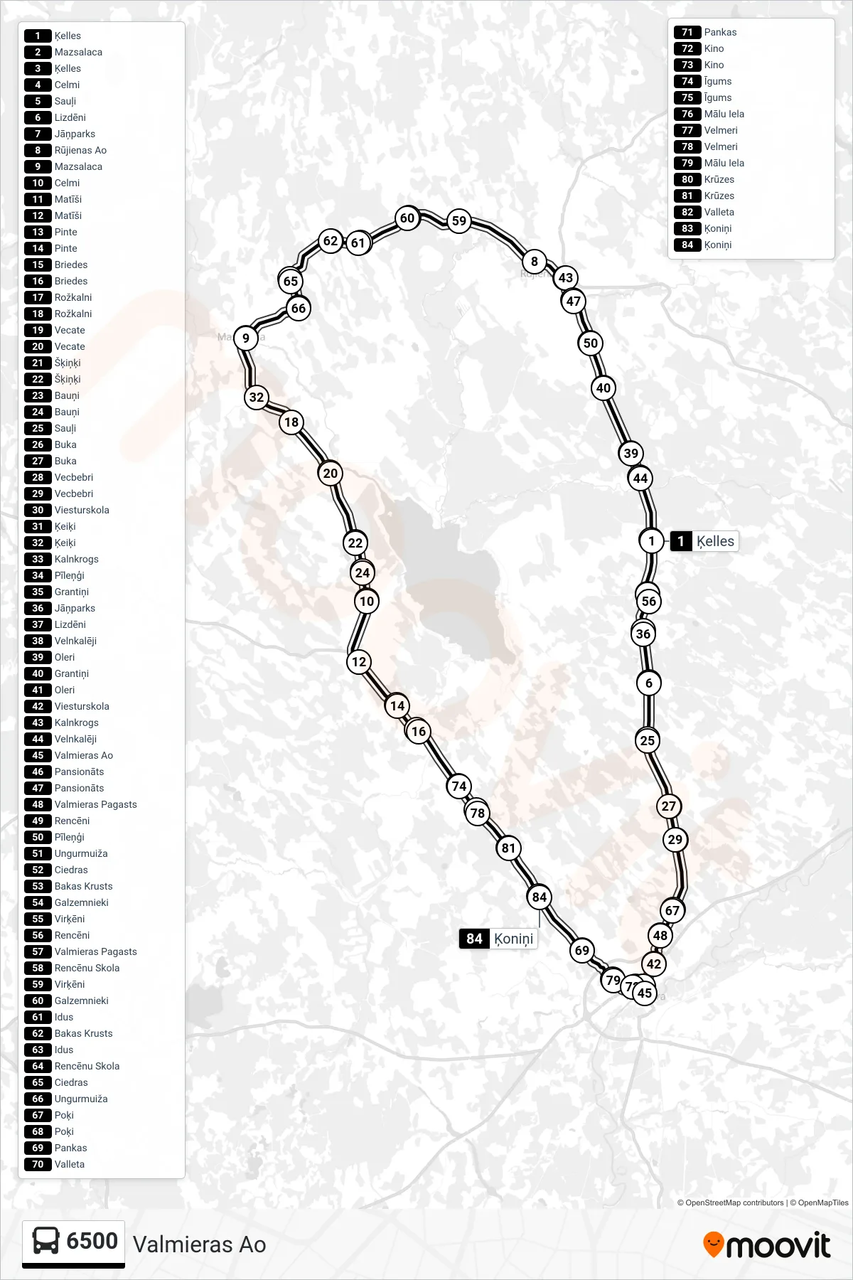 6500 bus Line (Valmieras Ao) route and stops on a map