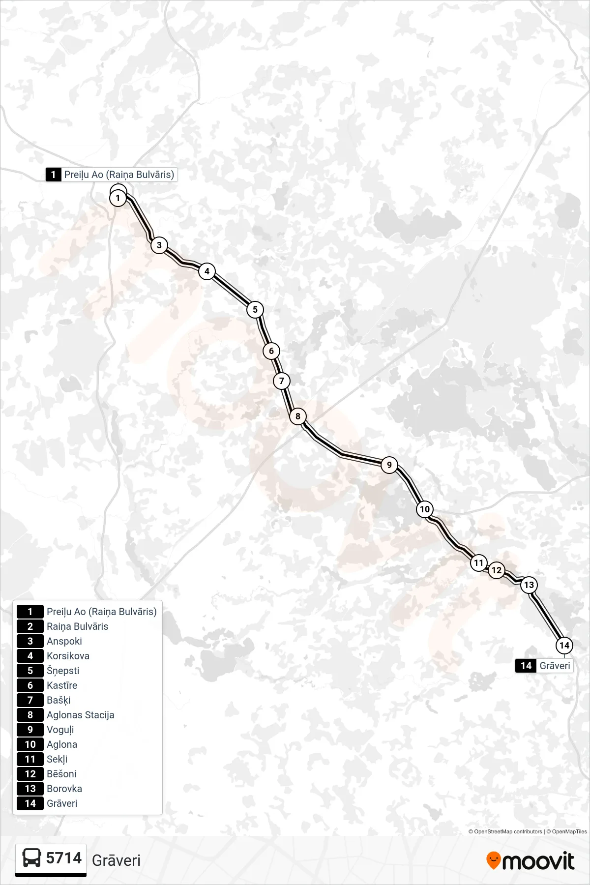 5714 bus Line (Grāveri) route and stops on a map