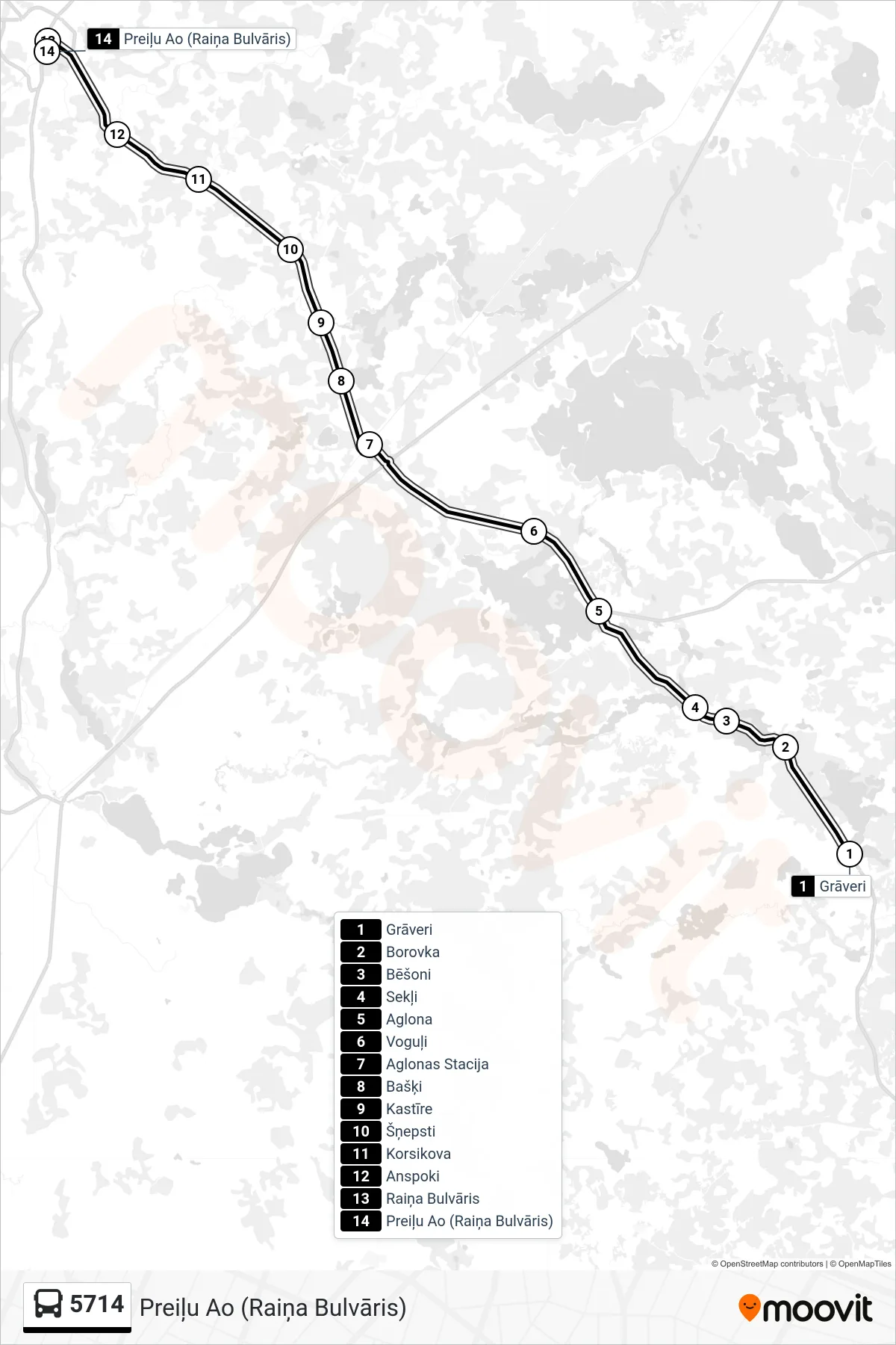 5714 bus Line (Preiļu Ao (Raiņa Bulvāris)) route and stops on a map