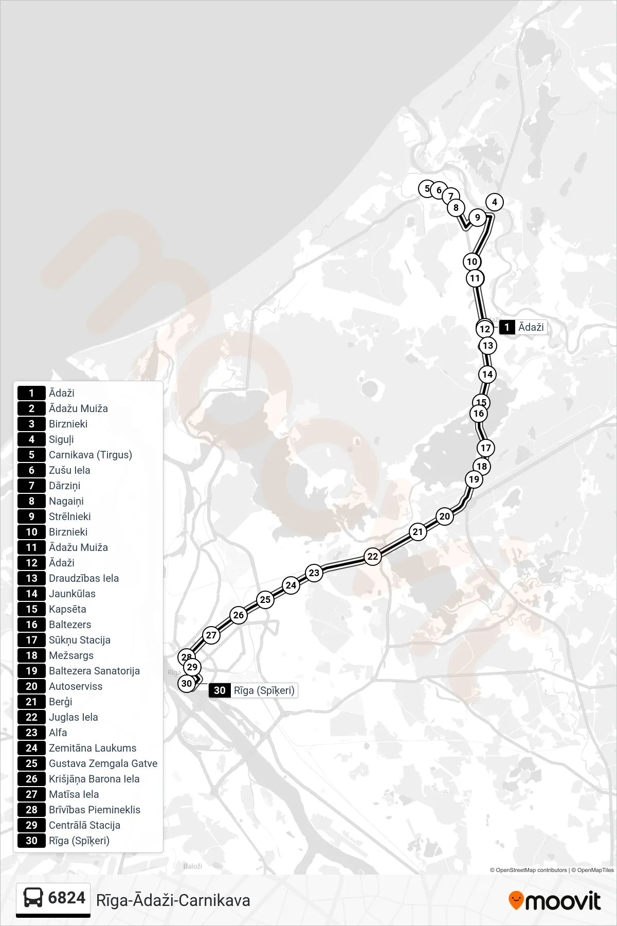 6824 bus Line (Rīga (Spīķeri)) route and stops on a map