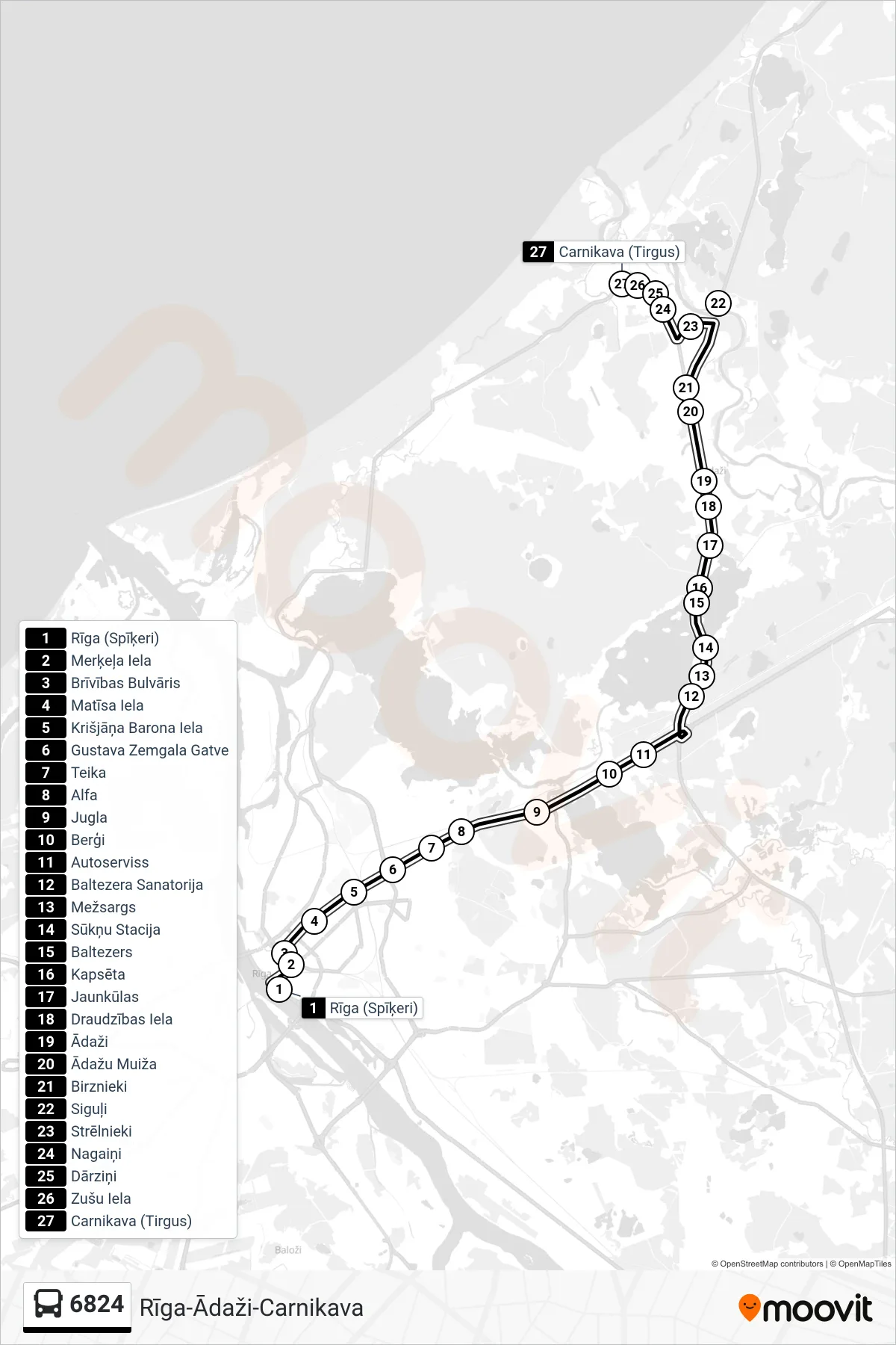 6824 bus Line (Carnikava (Tirgus)) route and stops on a map