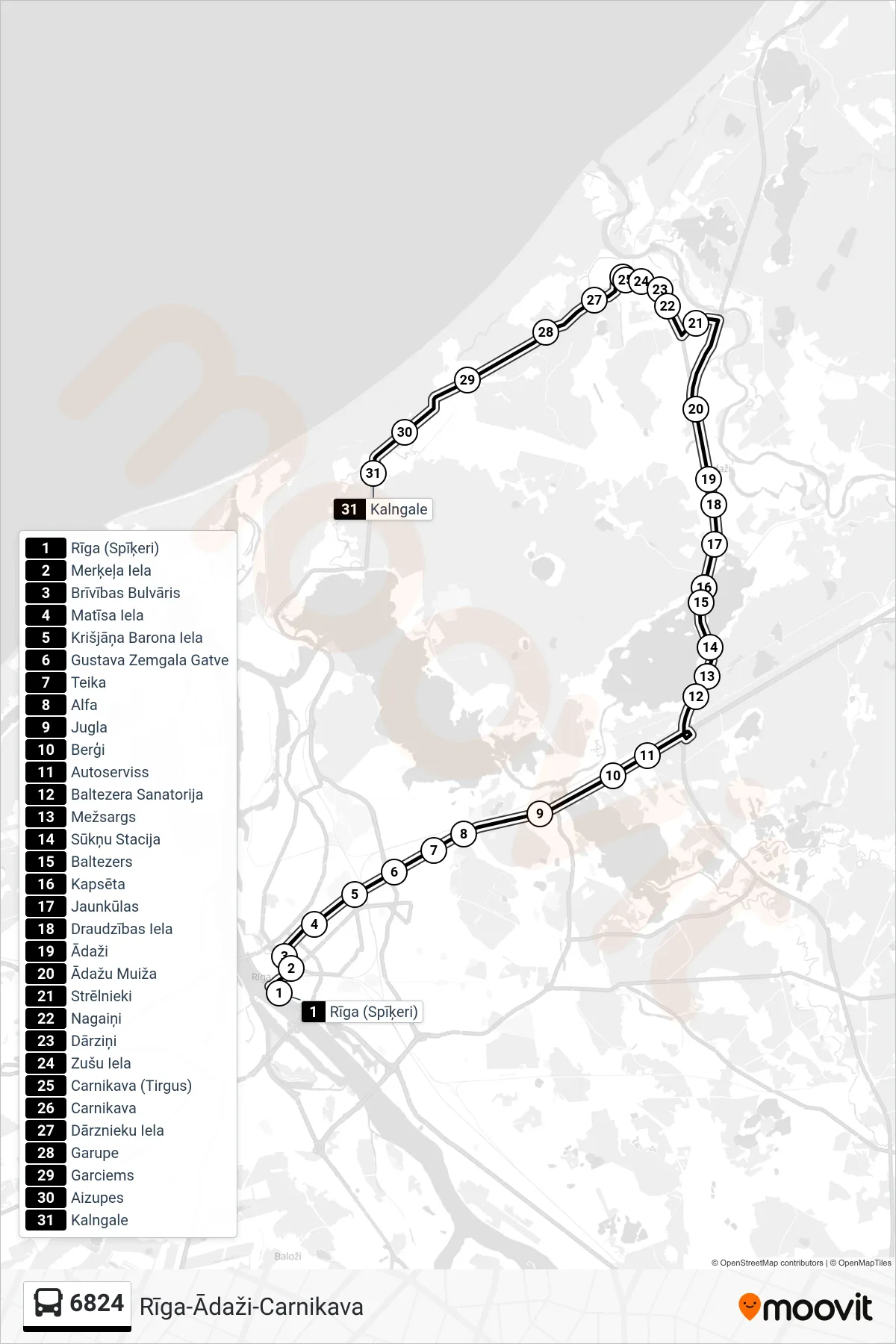 6824 bus Line (Kalngale) route and stops on a map