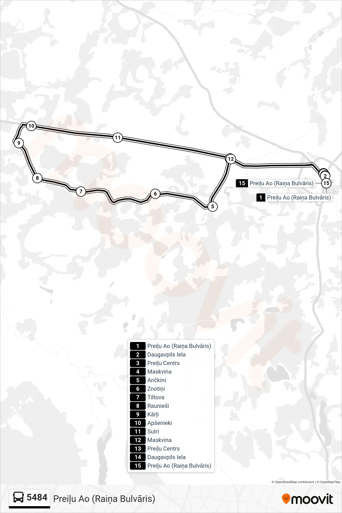 5484 bus Line (Preiļu Ao (Raiņa Bulvāris)) route and stops on a map