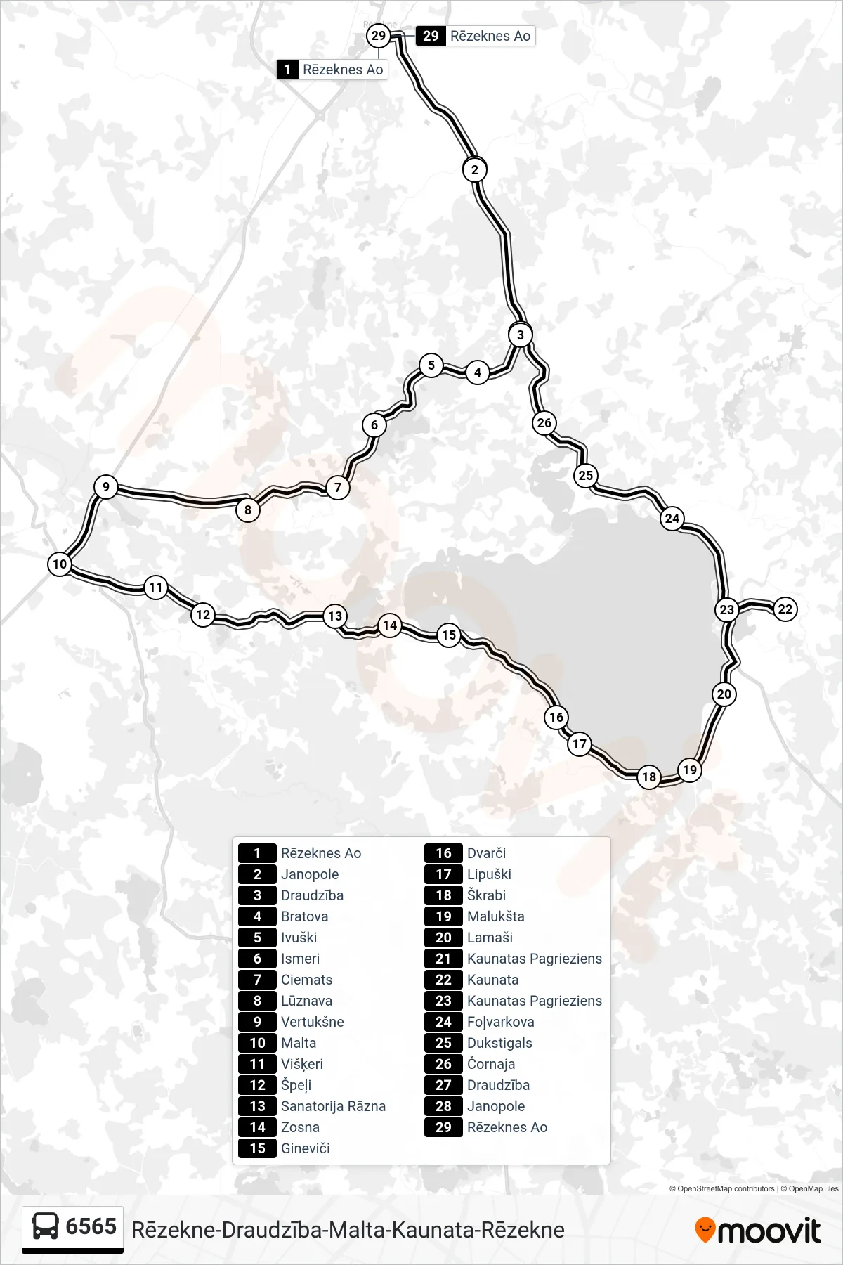 6565 bus Line (Rēzeknes Ao) route and stops on a map