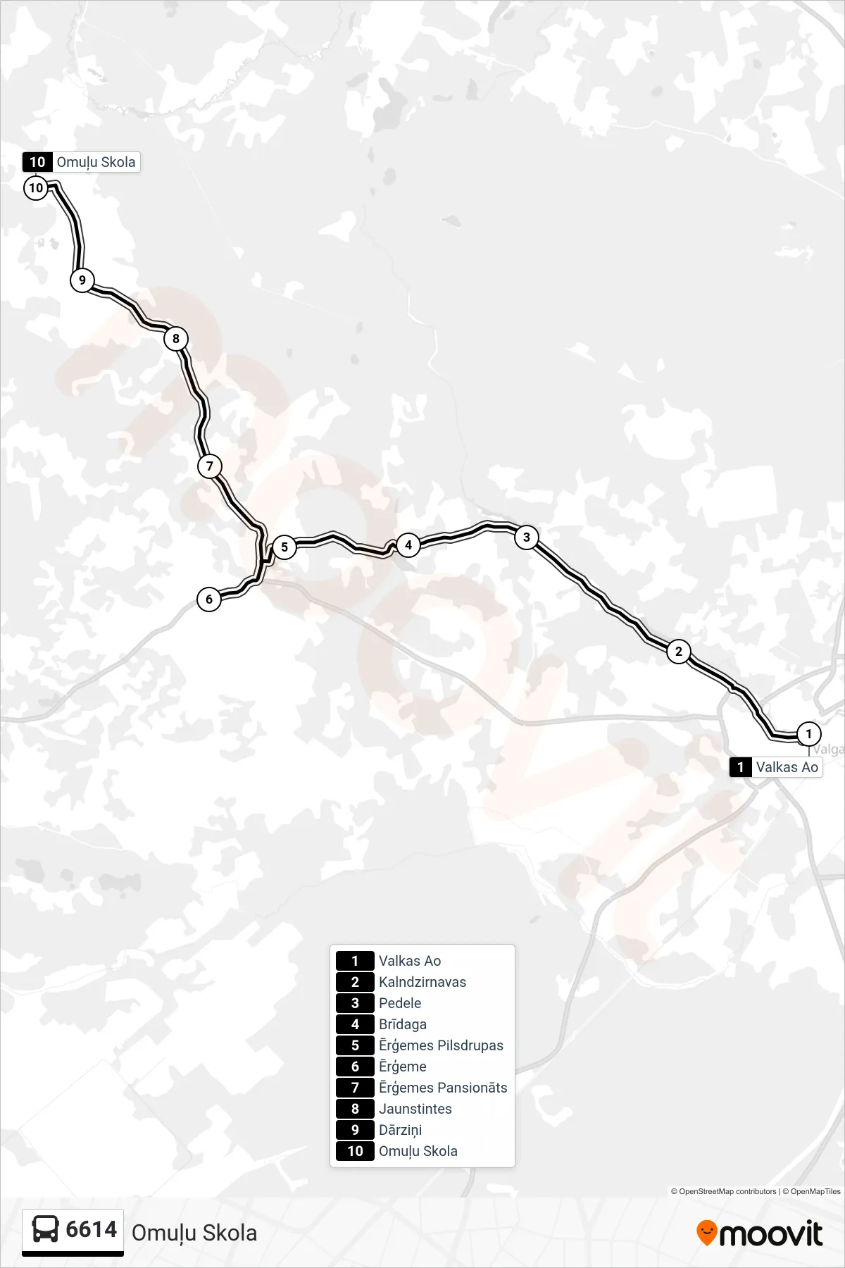6614 bus Line (Omuļu Skola) route and stops on a map