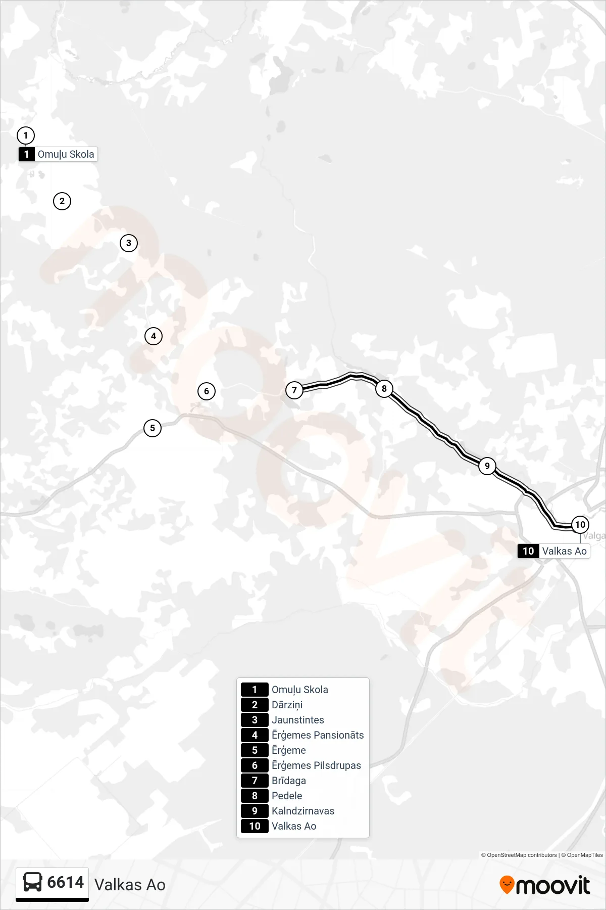 6614 bus Line (Valkas Ao) route and stops on a map