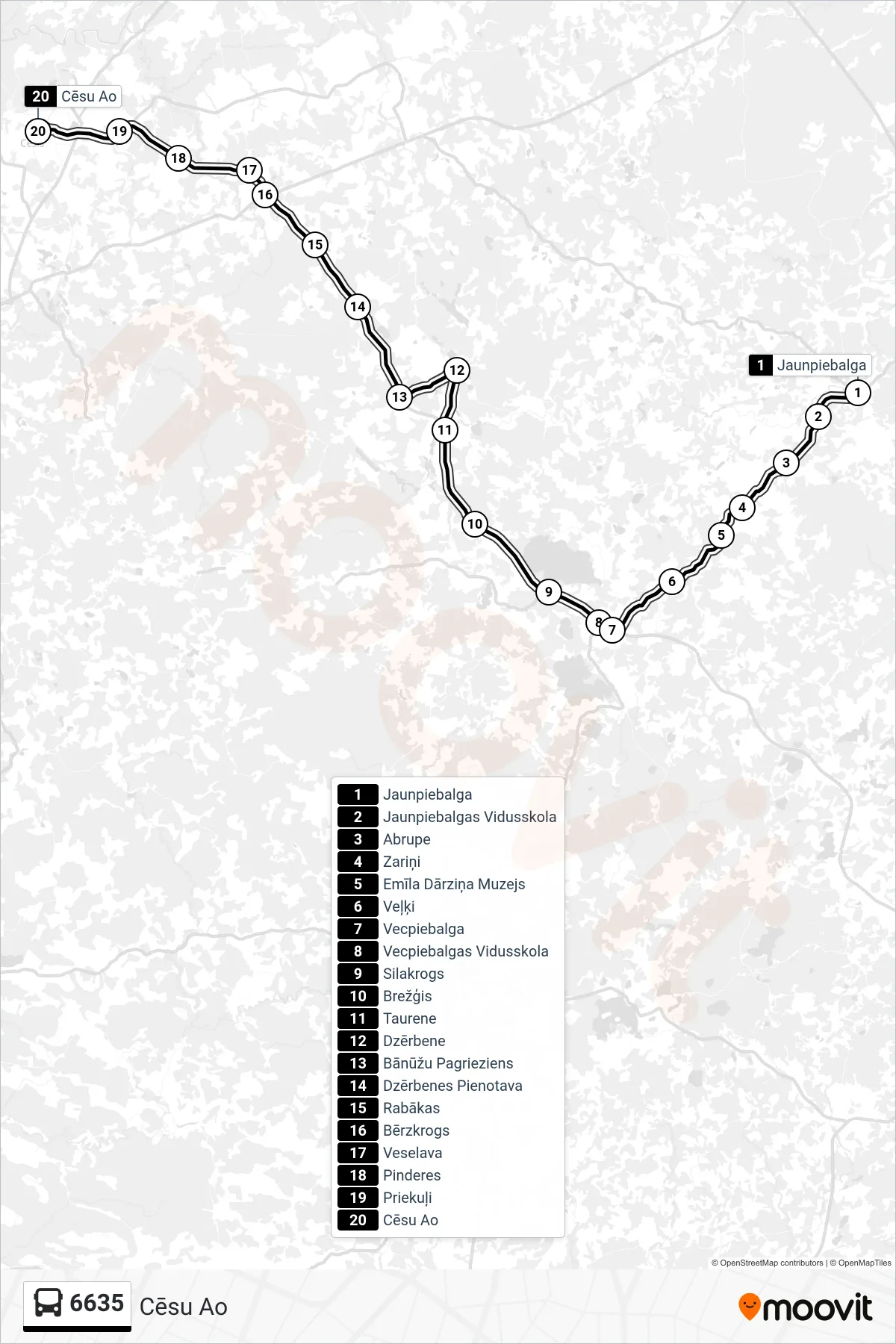 6635 bus Line (Cēsu Ao) route and stops on a map