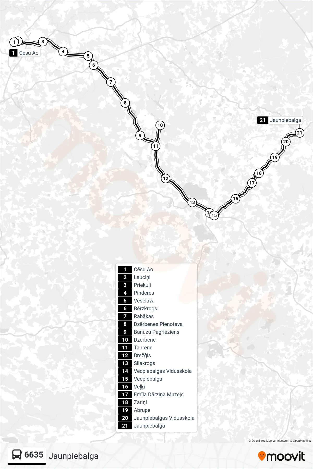 6635 bus Line (Jaunpiebalga) route and stops on a map