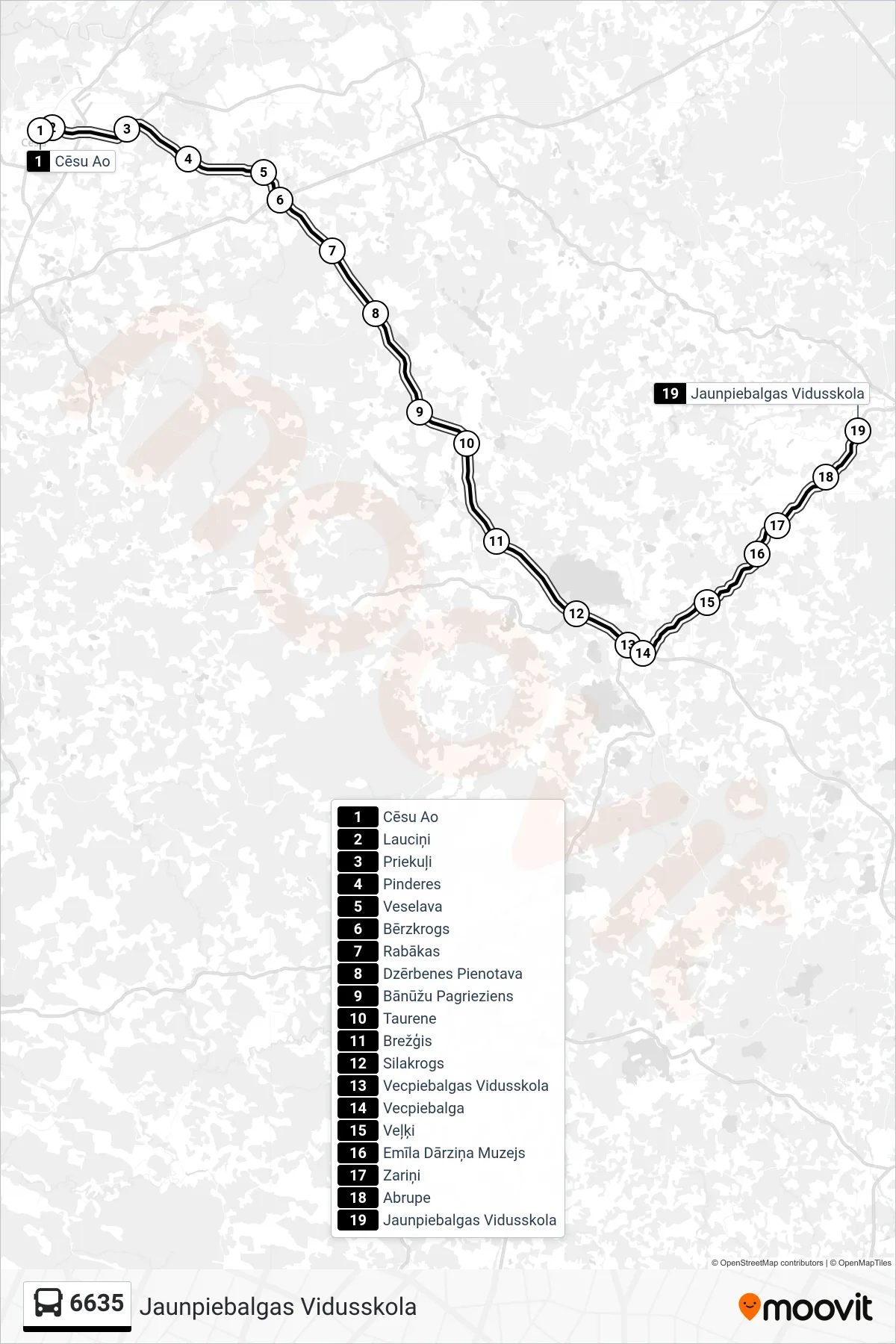 6635 bus Line (Jaunpiebalgas Vidusskola) route and stops on a map